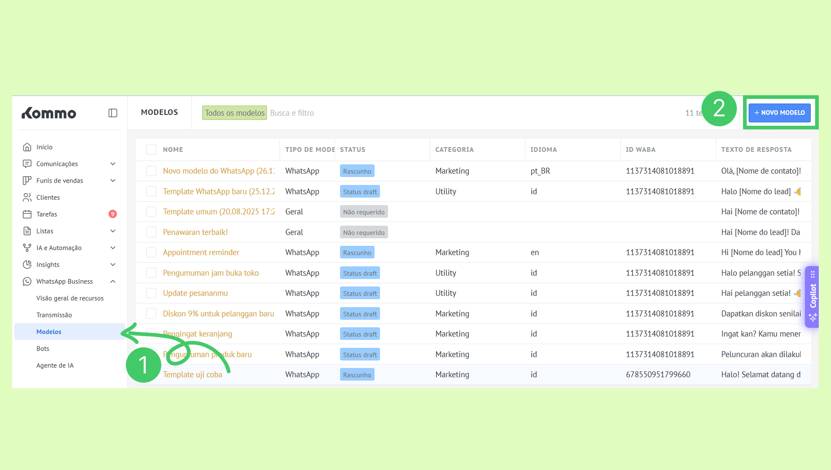 Overview of WhatsApp templates with highlighted sections for creating new models.