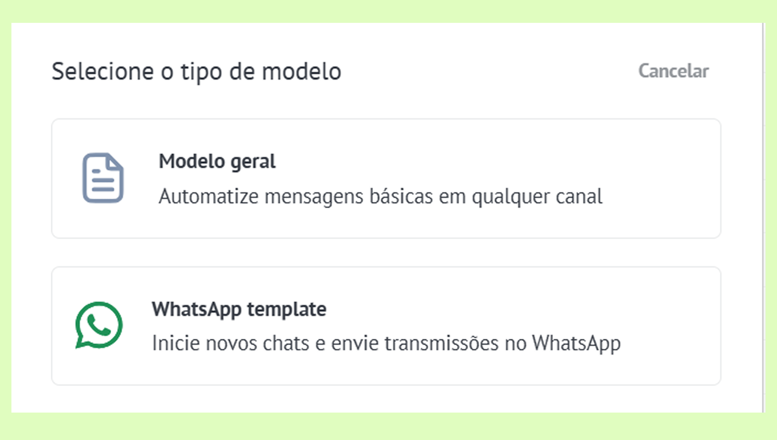 Selection screen for model types including general and WhatsApp templates.