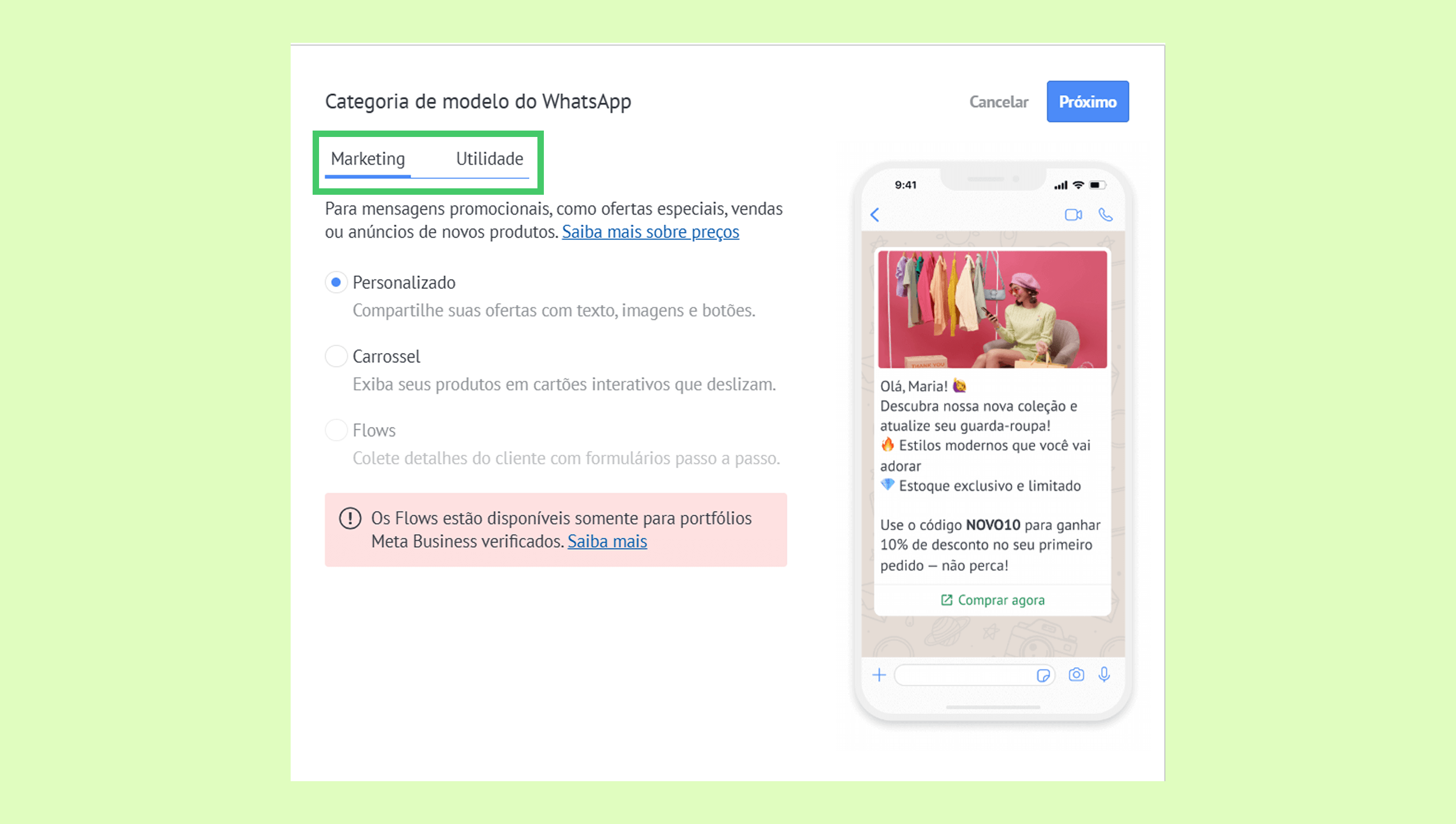 WhatsApp model category selection for marketing and utility options with highlighted features.