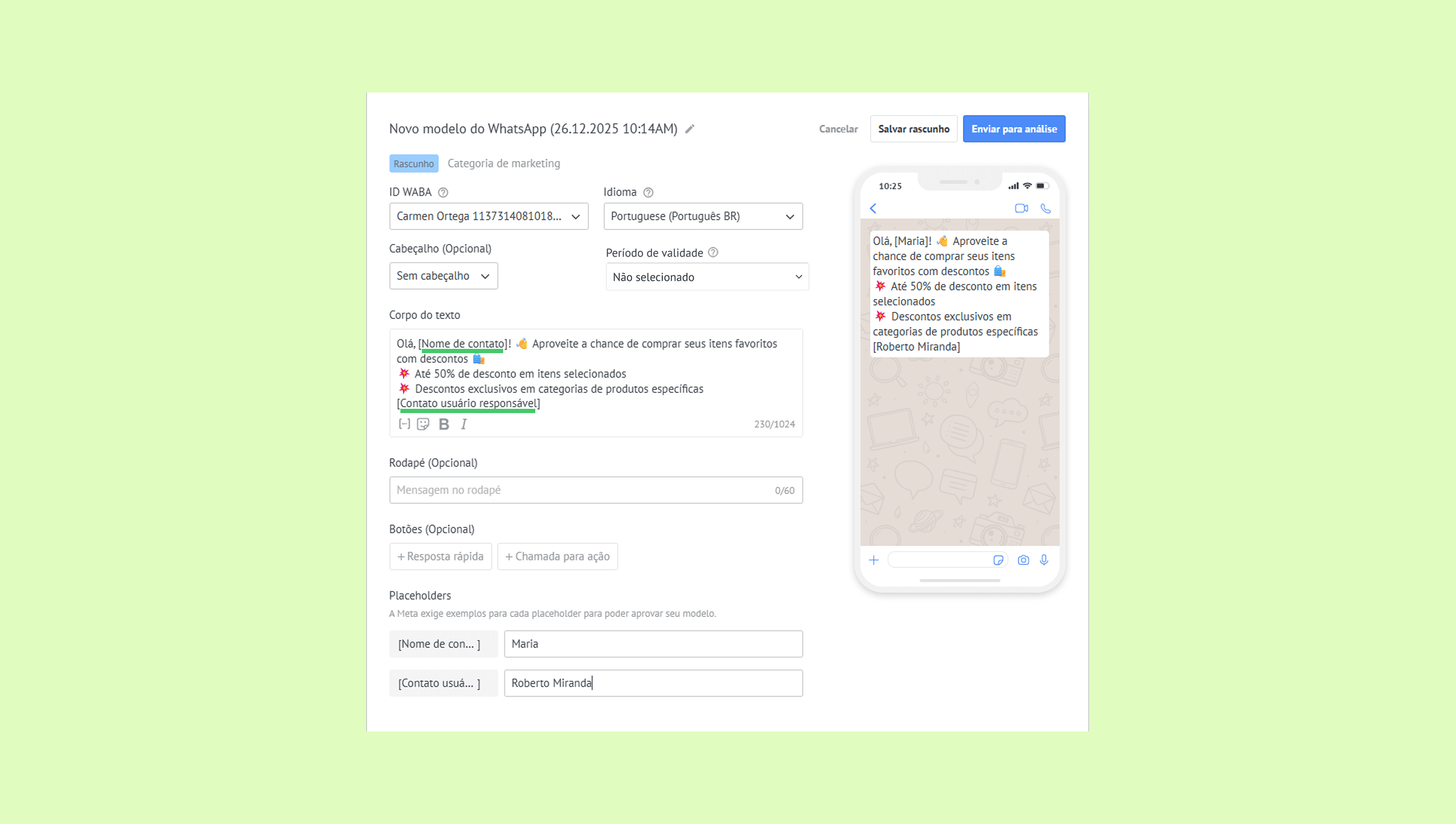 WhatsApp template creation interface showing discounts and placeholders for user names.