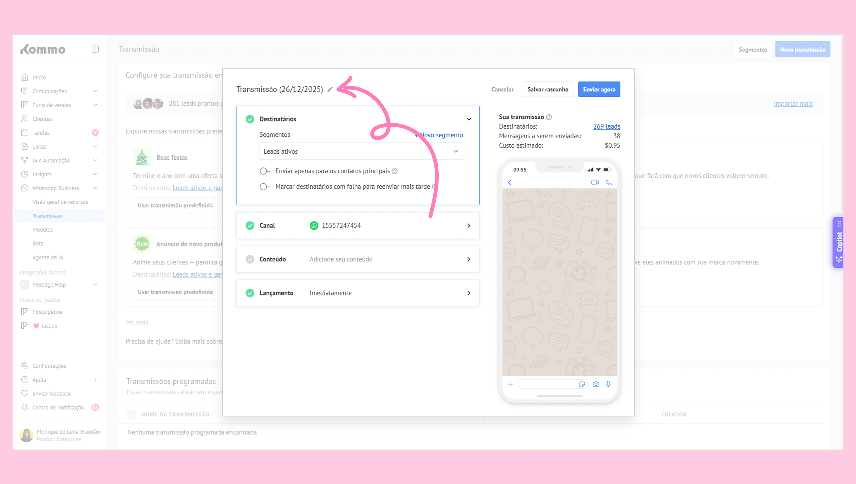 Settings for a transmission with highlighted options for recipients and content.