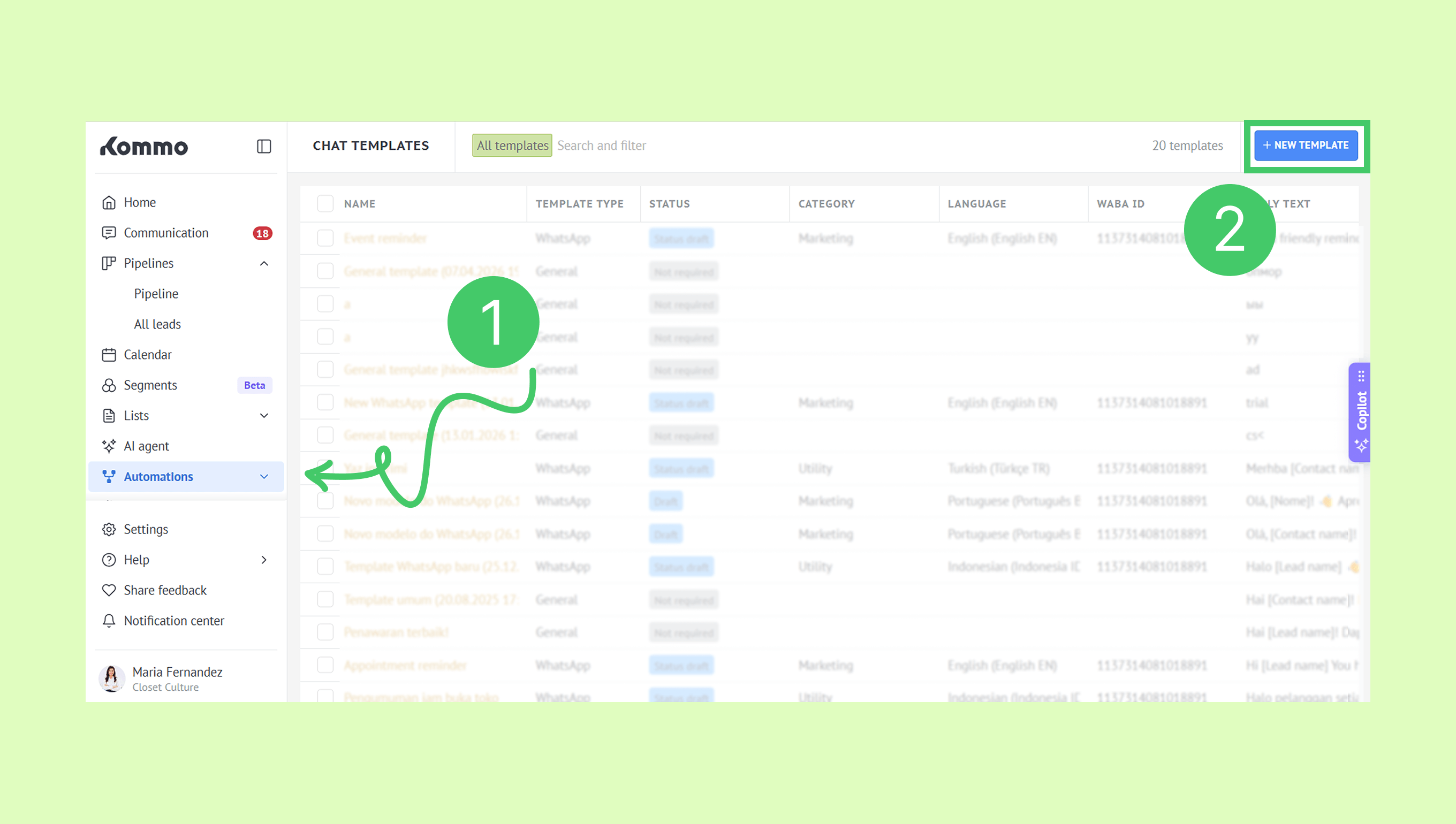 User interface showing chat templates with highlighted automation options and new template button.