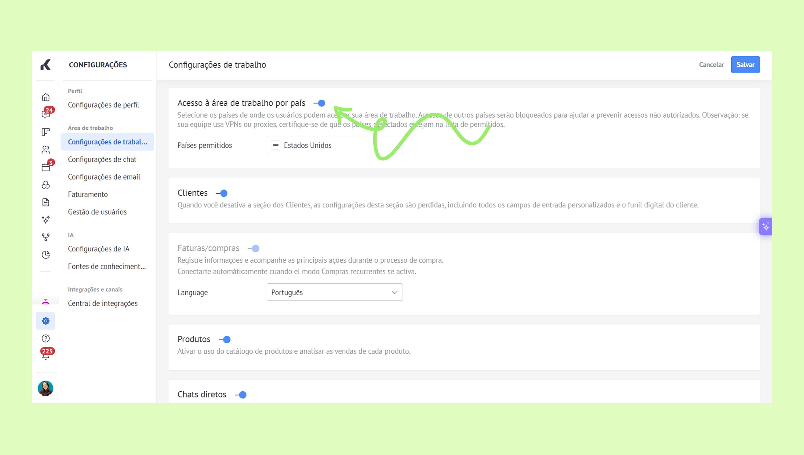 Settings page showing country access configuration and client management options.