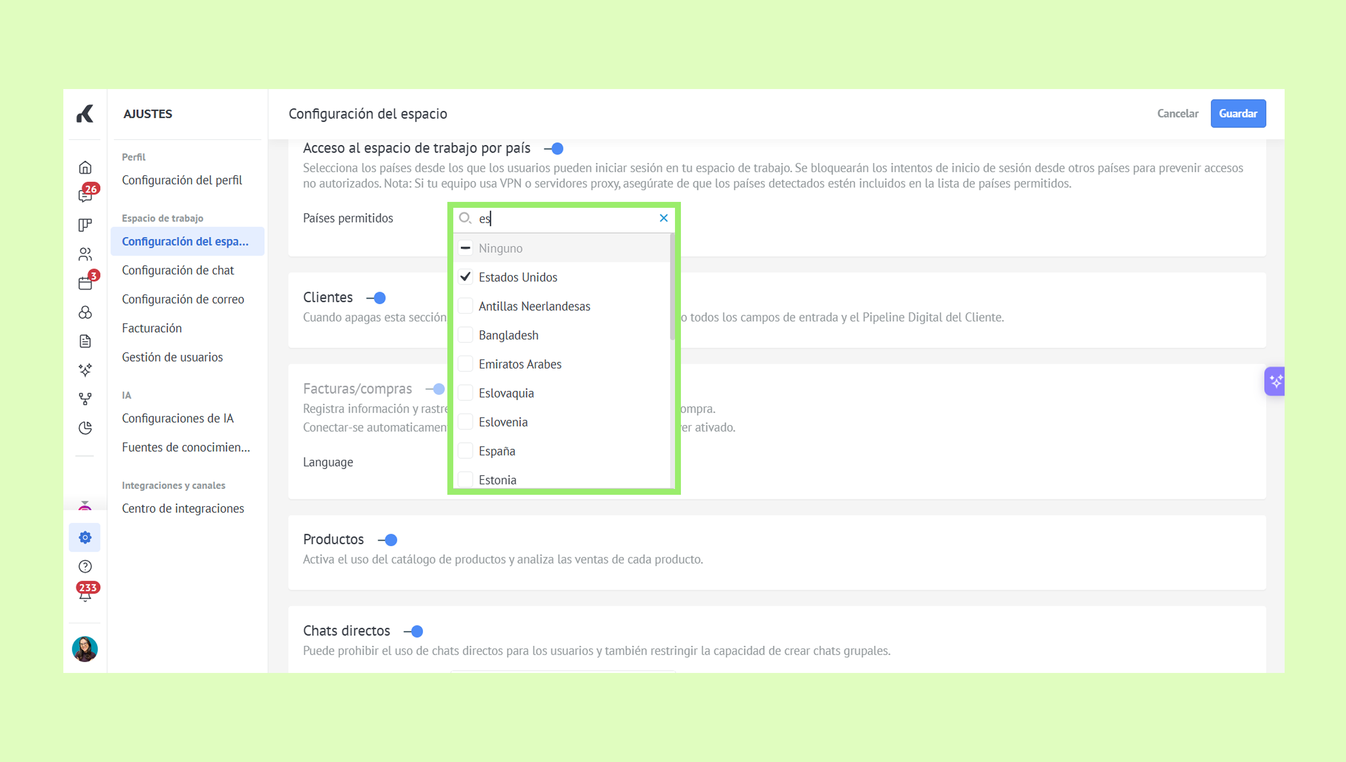 Settings page showing allowed countries for workspace access with selected options.