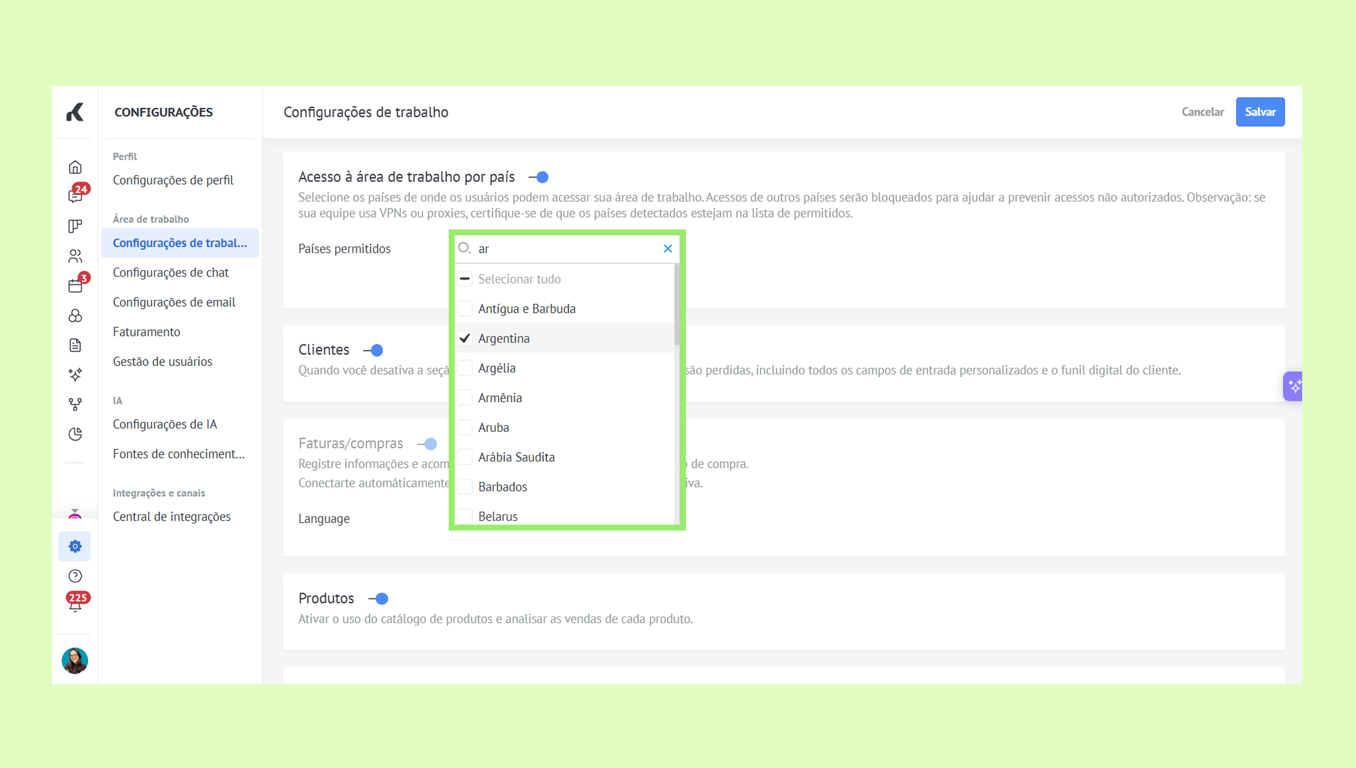 Settings page showing allowed countries with Argentina selected in the dropdown menu.