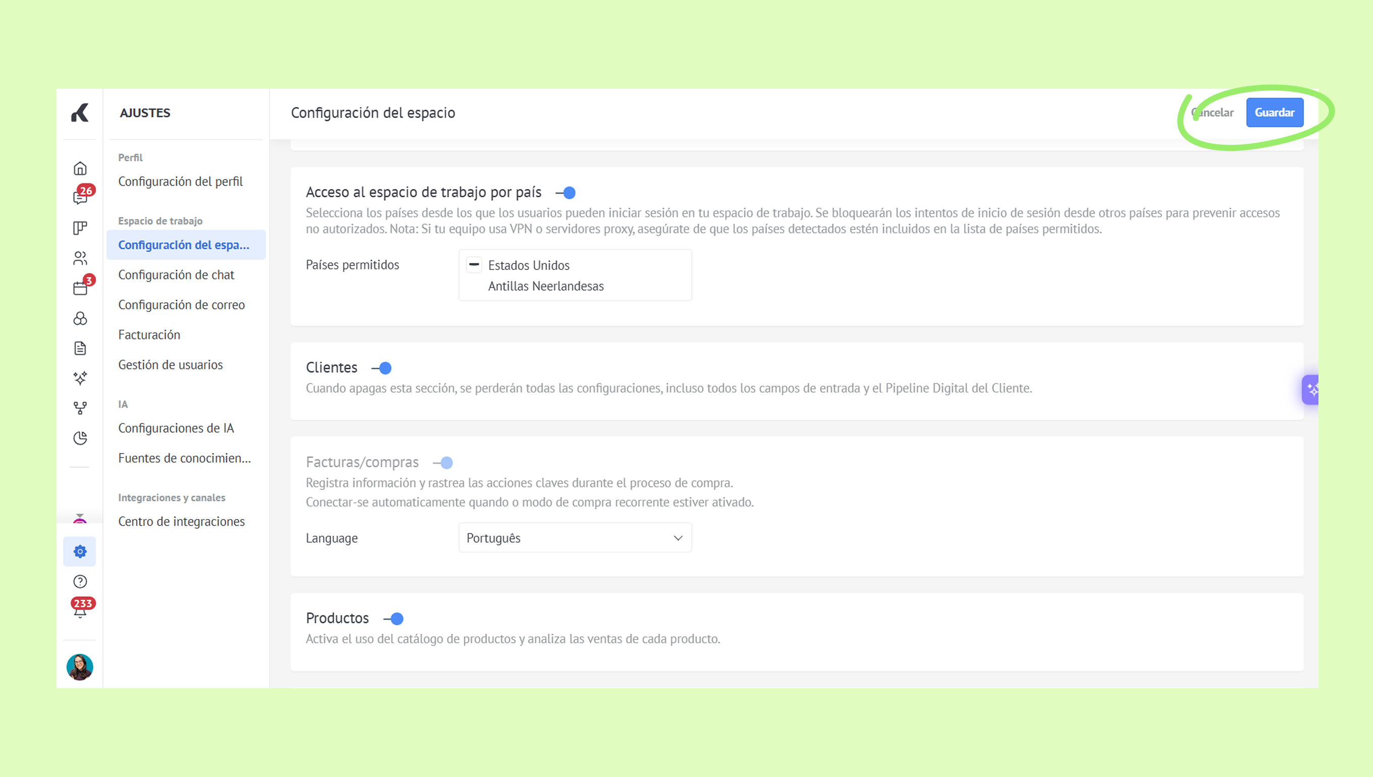 Settings page showing workspace configuration options and a save button highlighted.