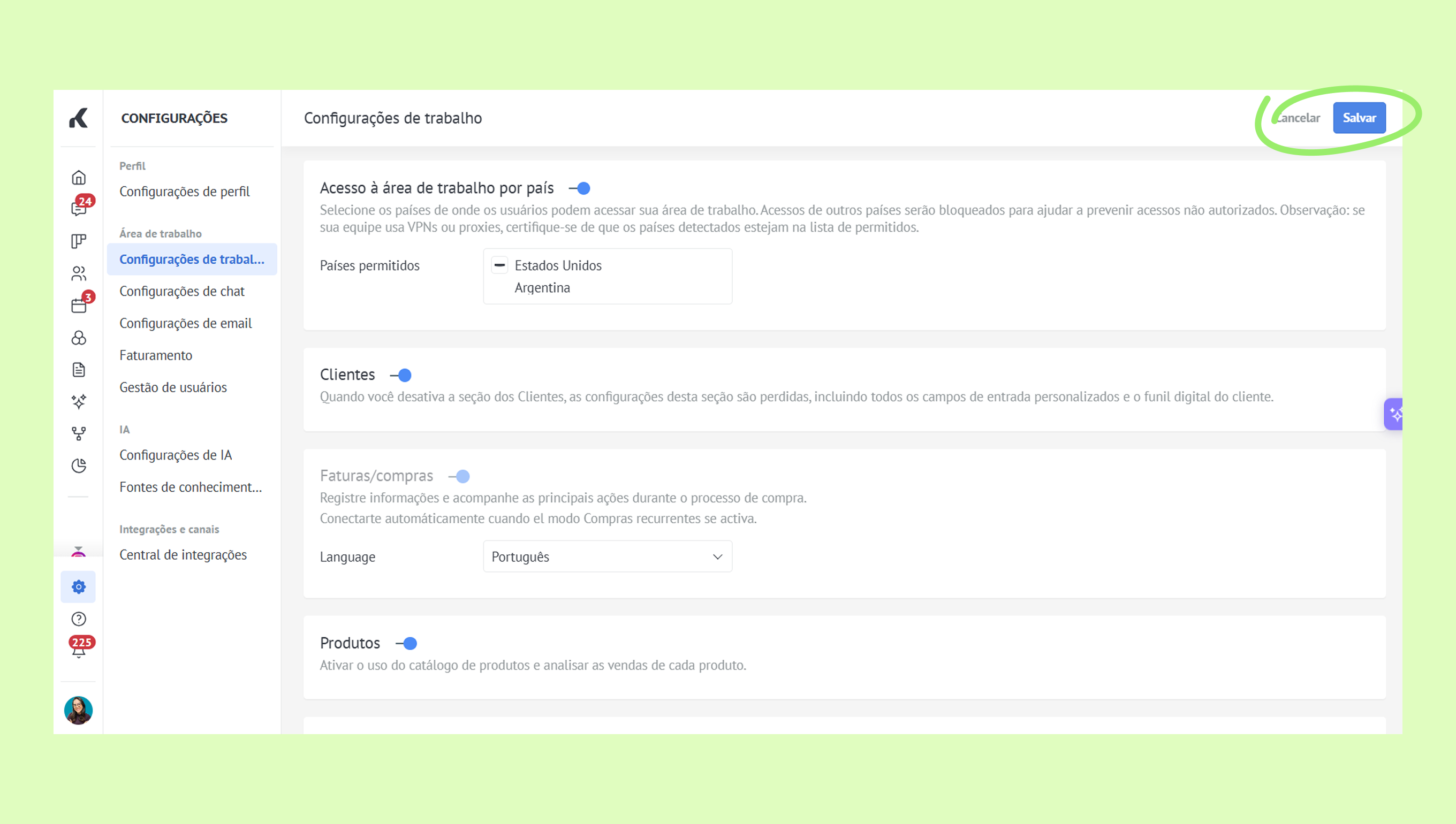Settings page showing country access options and save button for configuration changes.