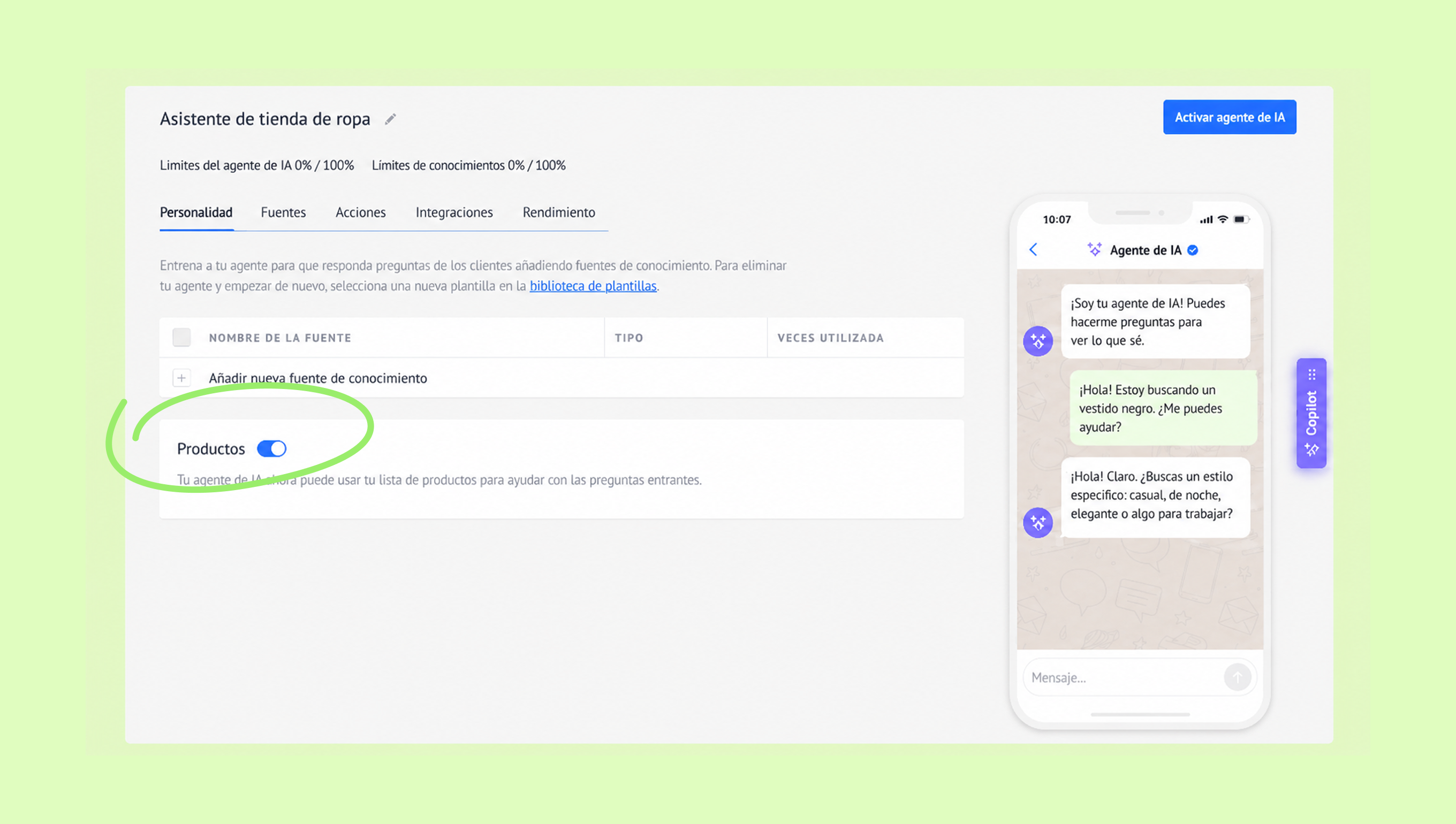 Settings page for an AI assistant with highlighted product source toggle option.