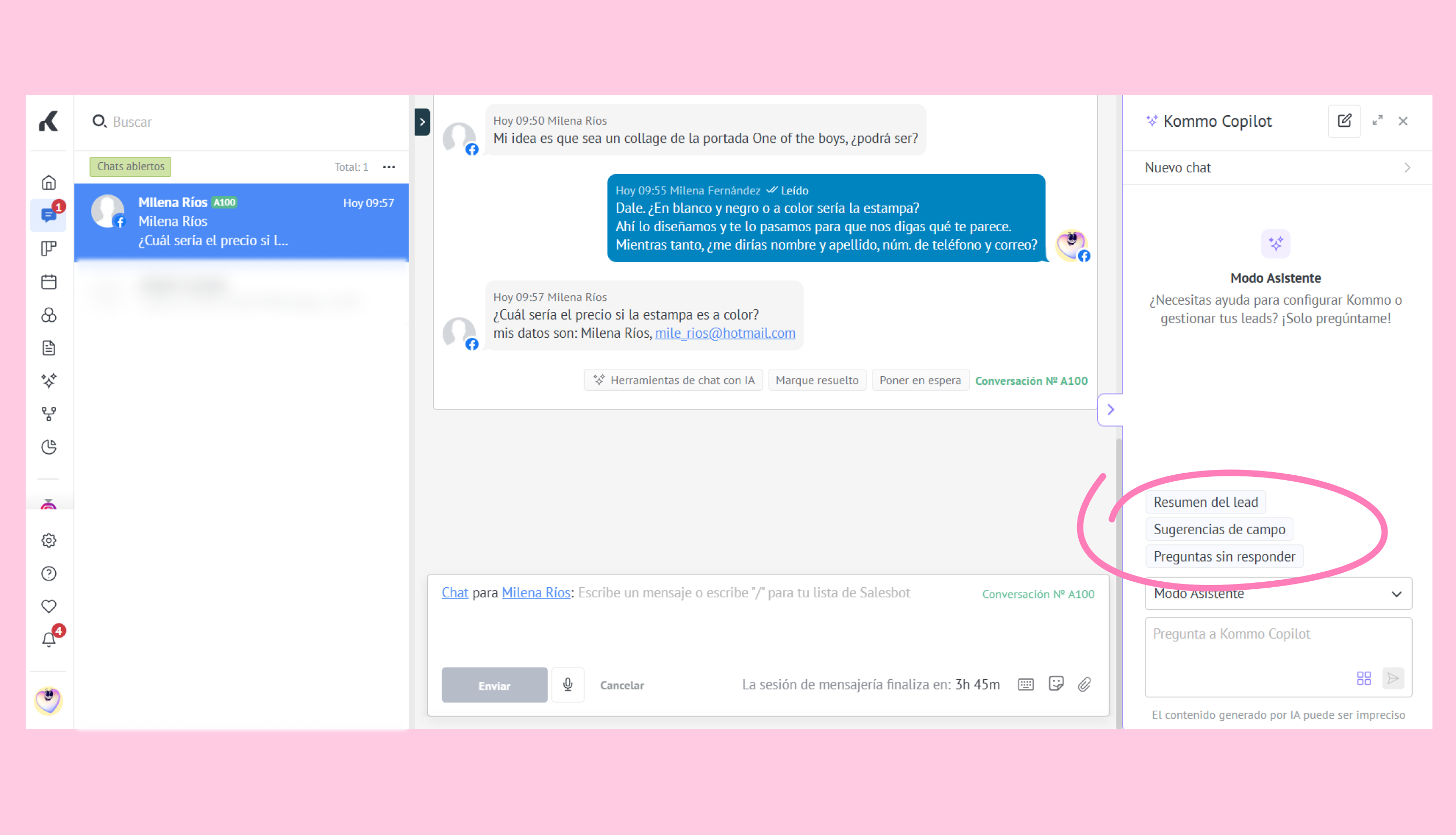 Chat interface displaying messages and options for managing leads and inquiries.