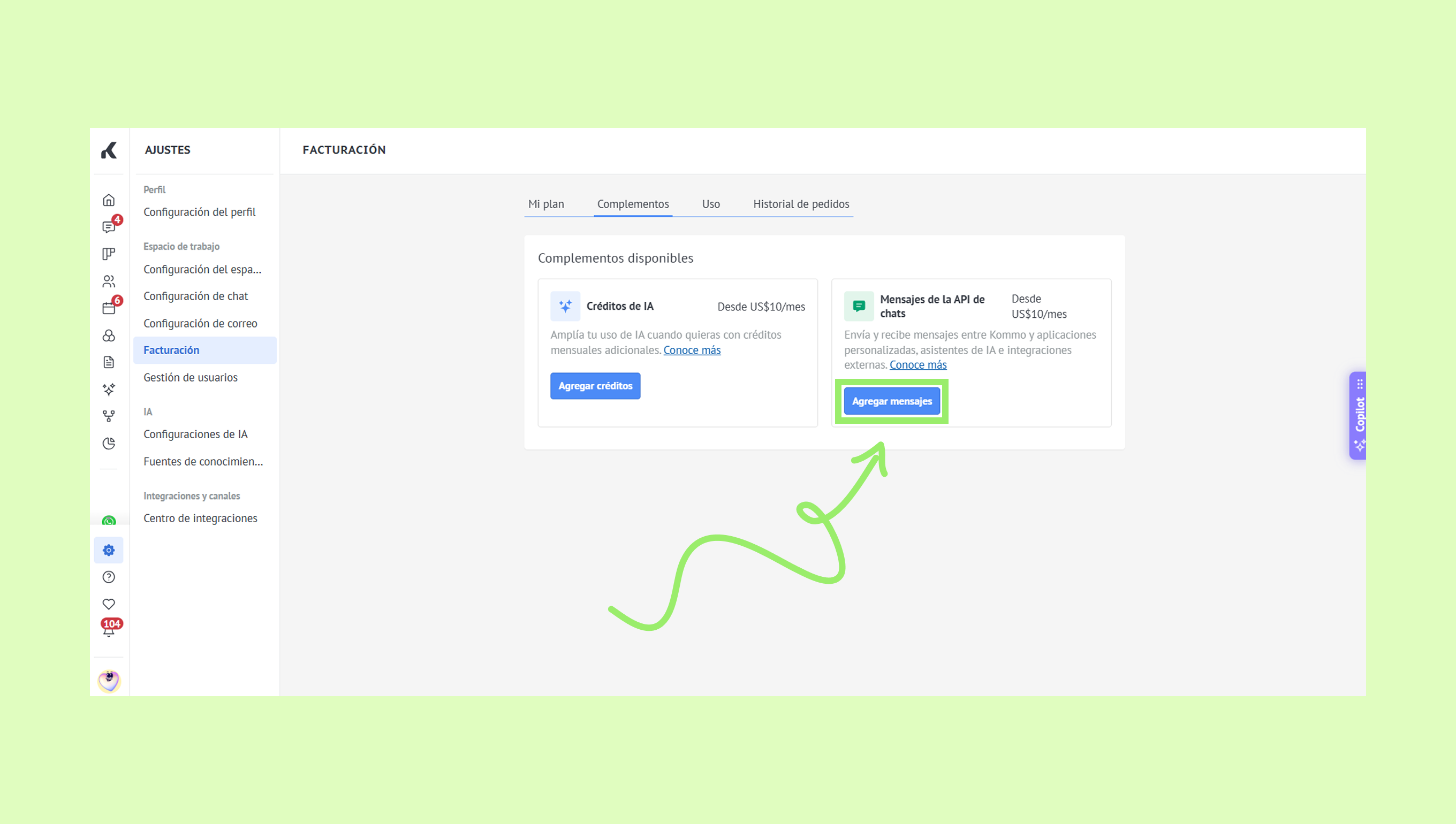 Settings page showing available add-ons for billing and API messaging options.