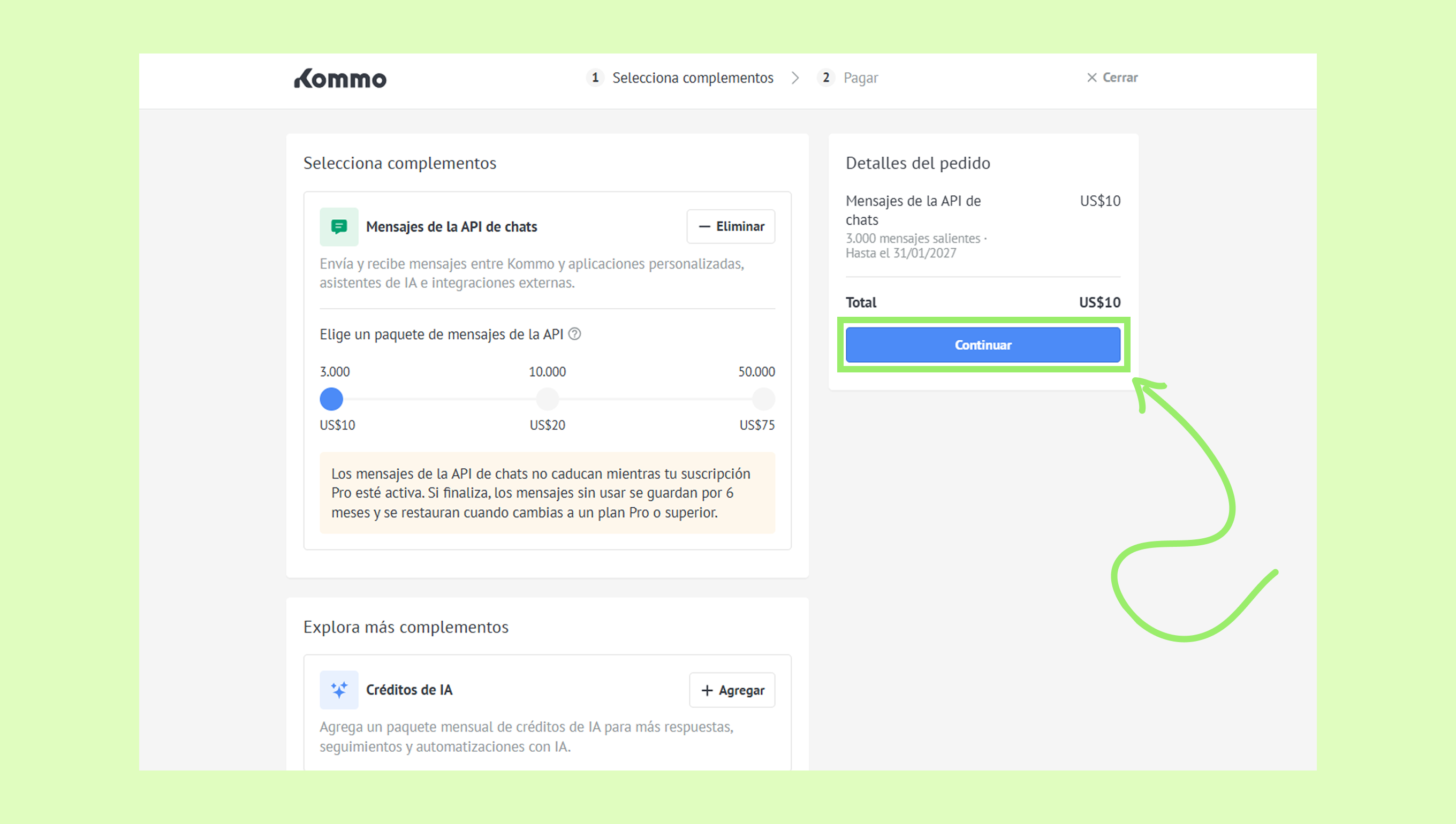 Select chat API messages and proceed to payment for the chosen package.
