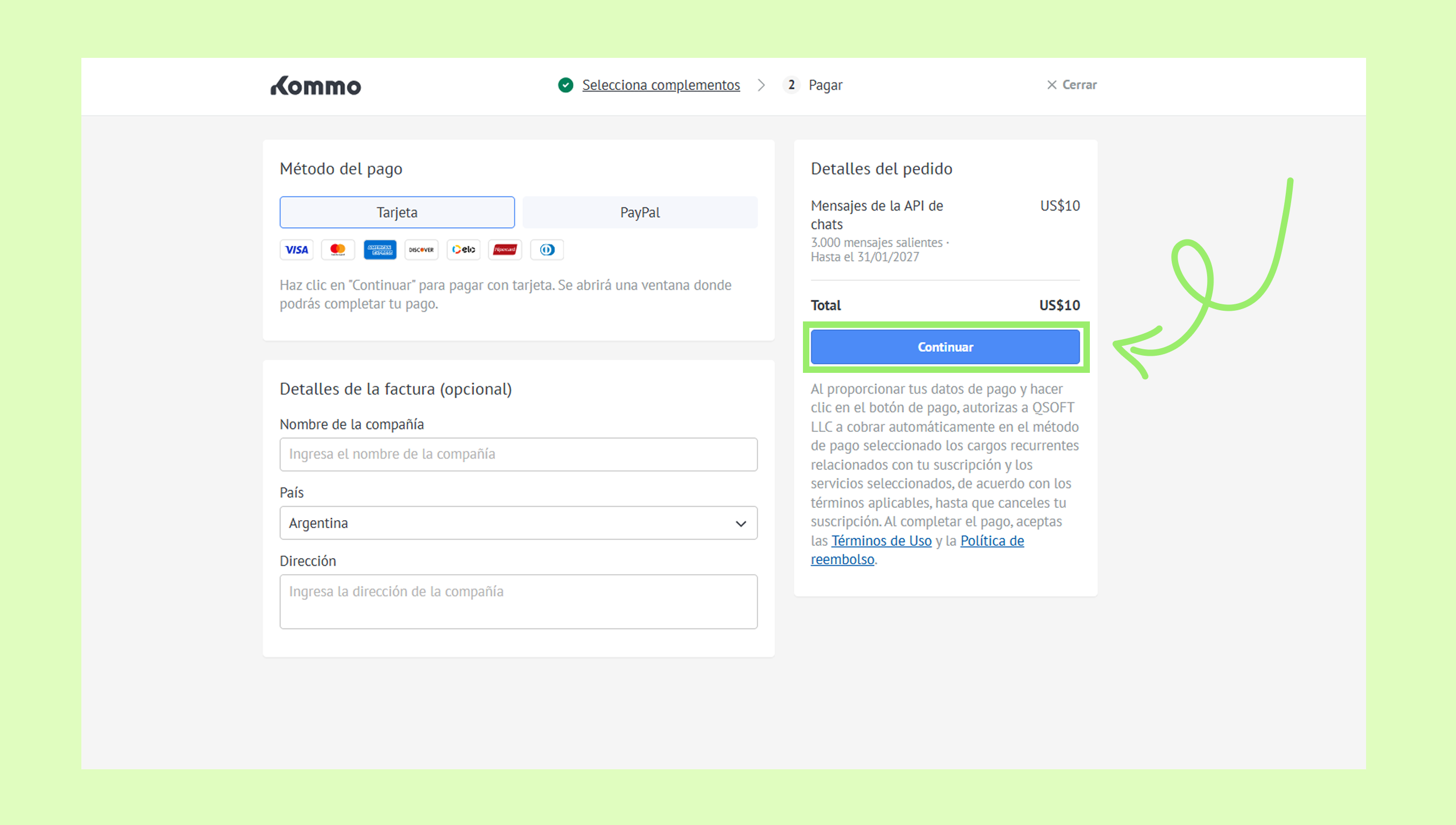 Payment method selection and order details with a highlighted continue button.