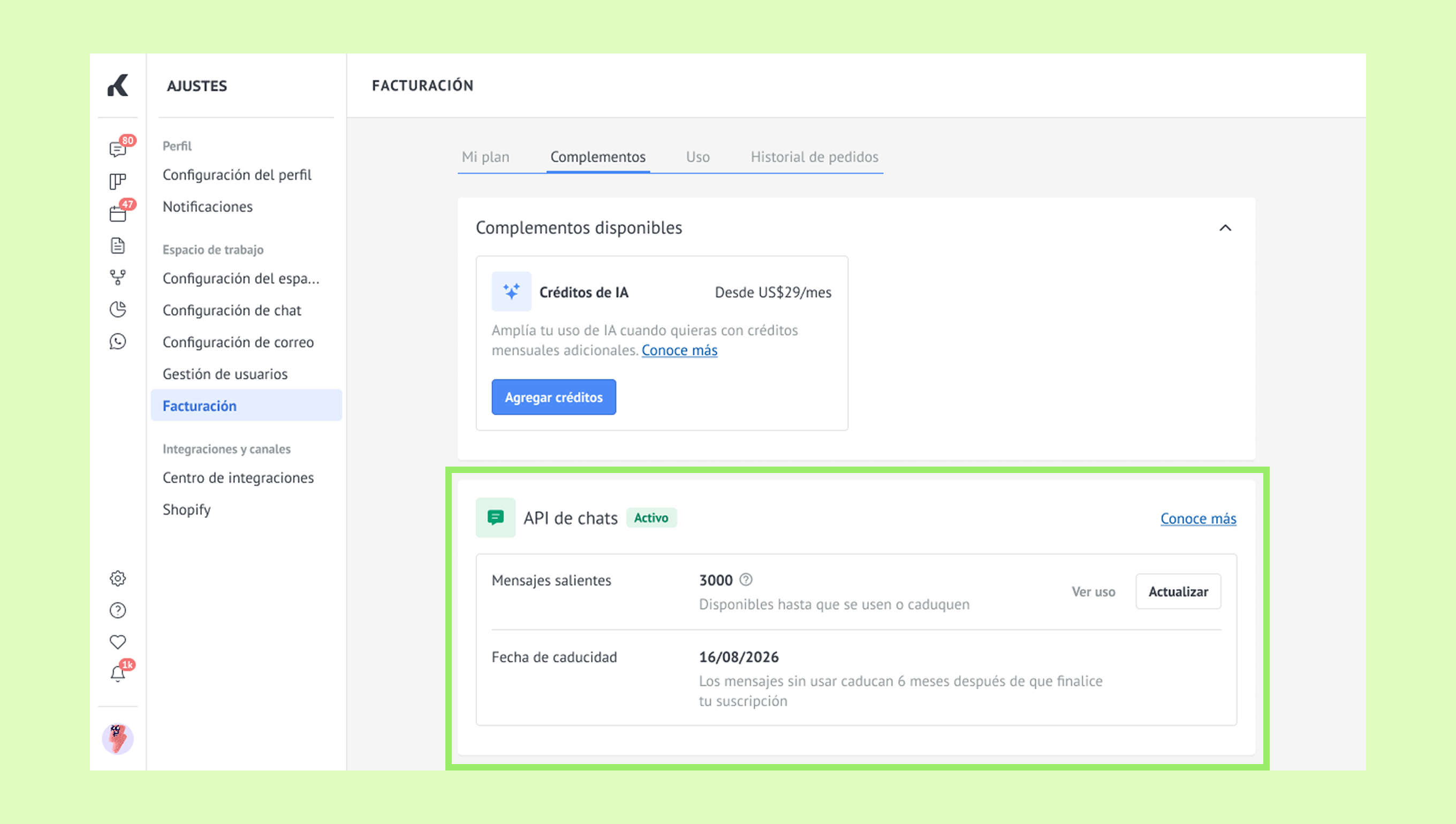 Settings page showing chat API details and available credits for subscription management.
