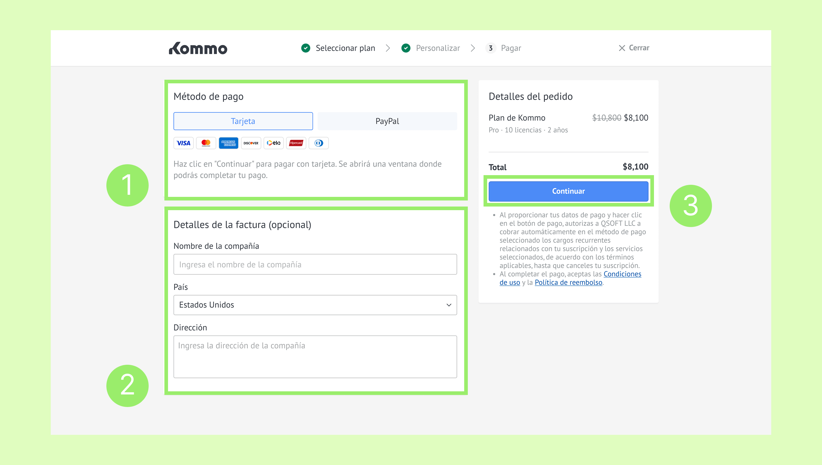 Payment method selection and invoice details for Kommo subscription order process.