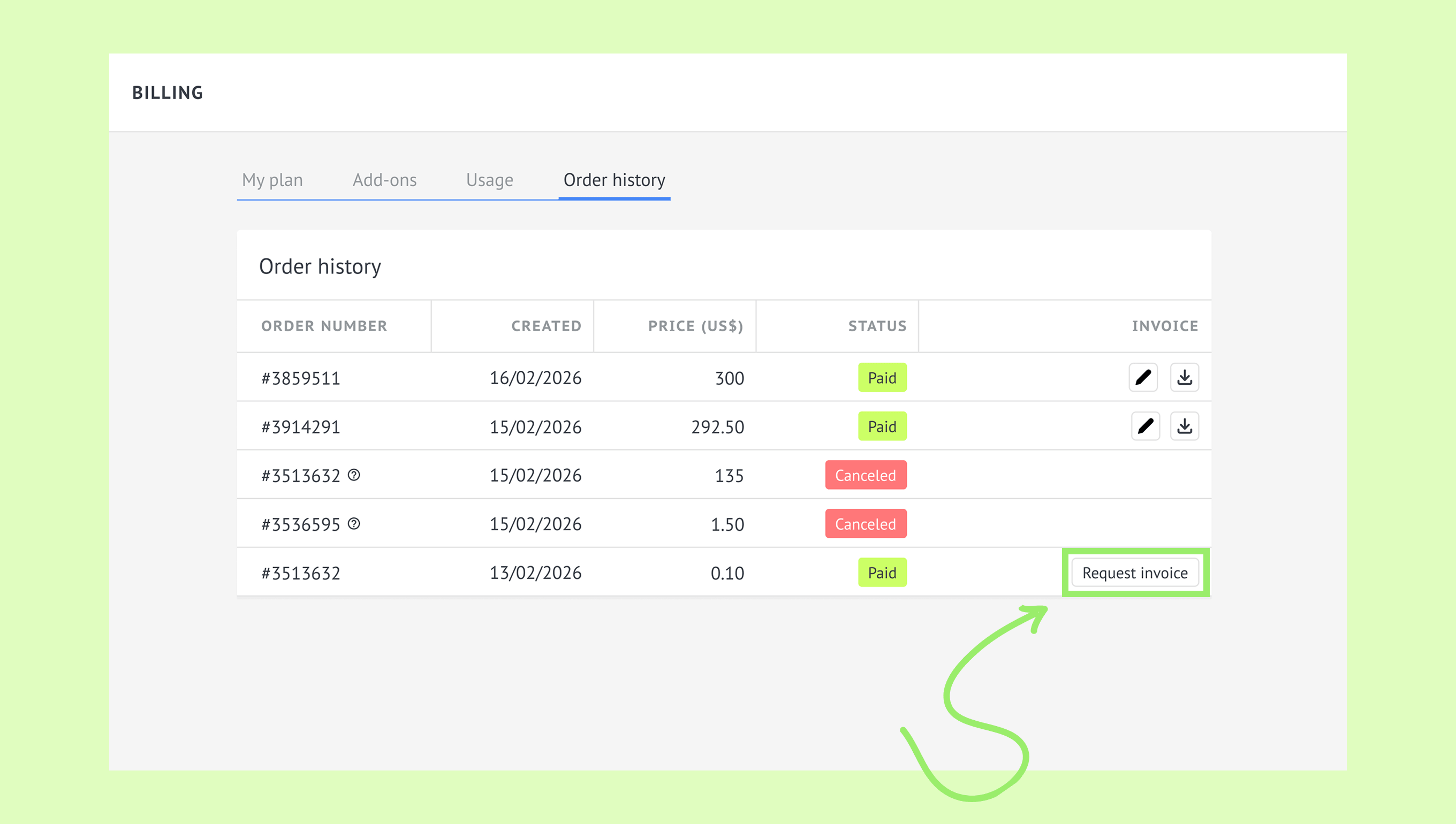 Order history table showing paid and canceled statuses with an option to request invoice.