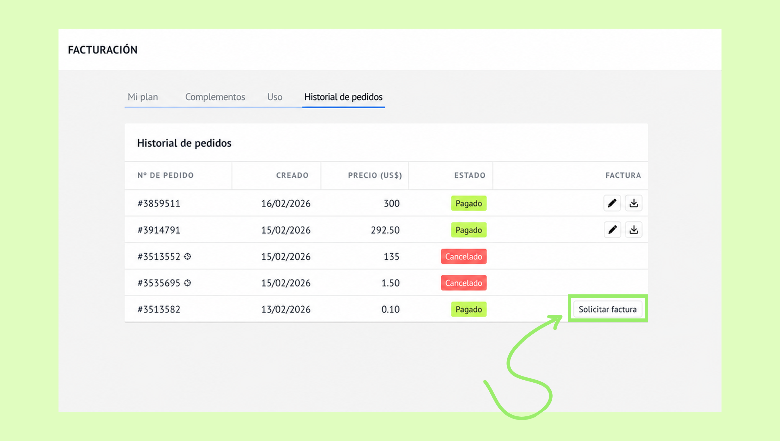 Order history showing payment status and option to request invoices.