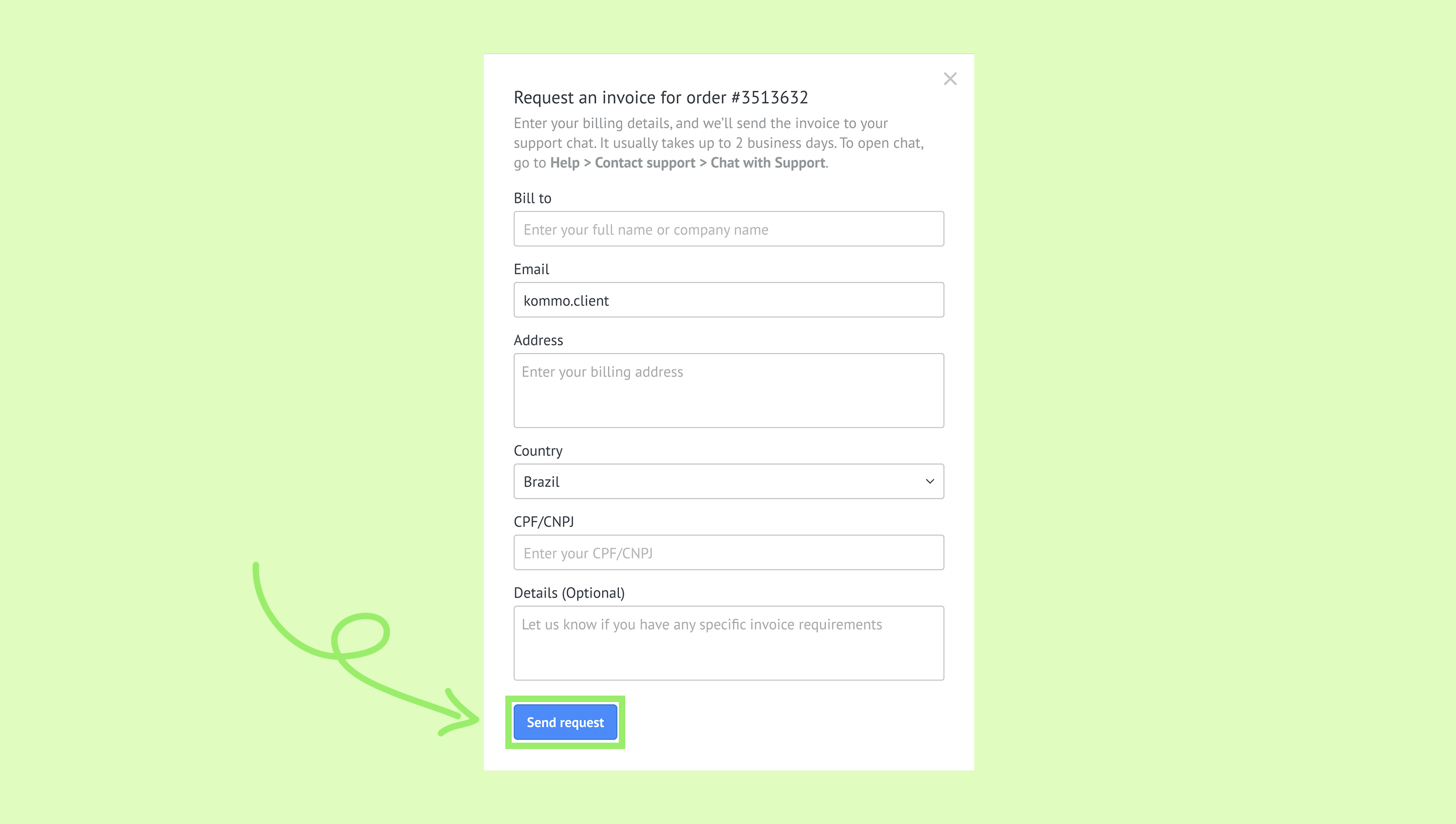 Form to request an invoice with highlighted 'Send request' button for submission.