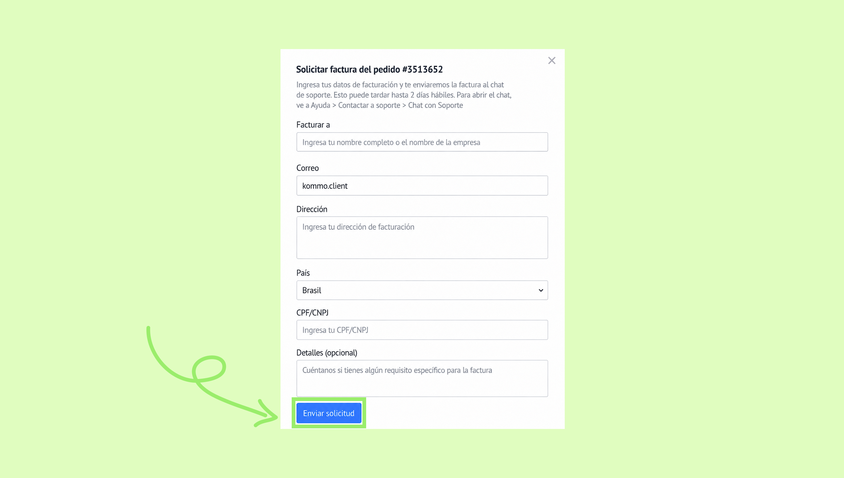 Form to request an invoice with highlighted submit button and fields for information.