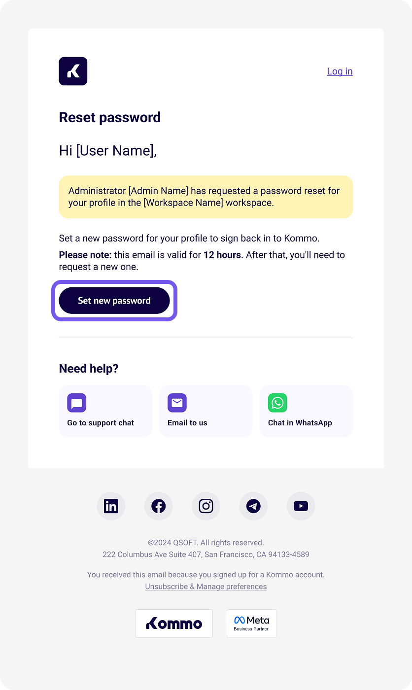 Kommo password reset email with the Set new password button highlighted.