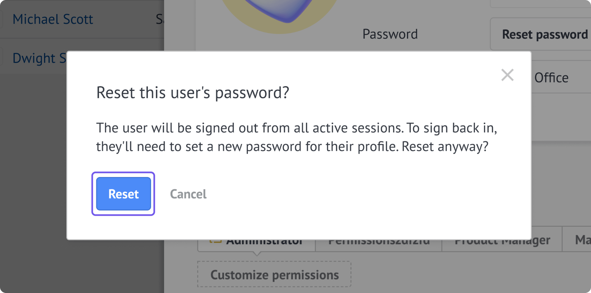 Password reset confirmation with the Reset button highlighted.