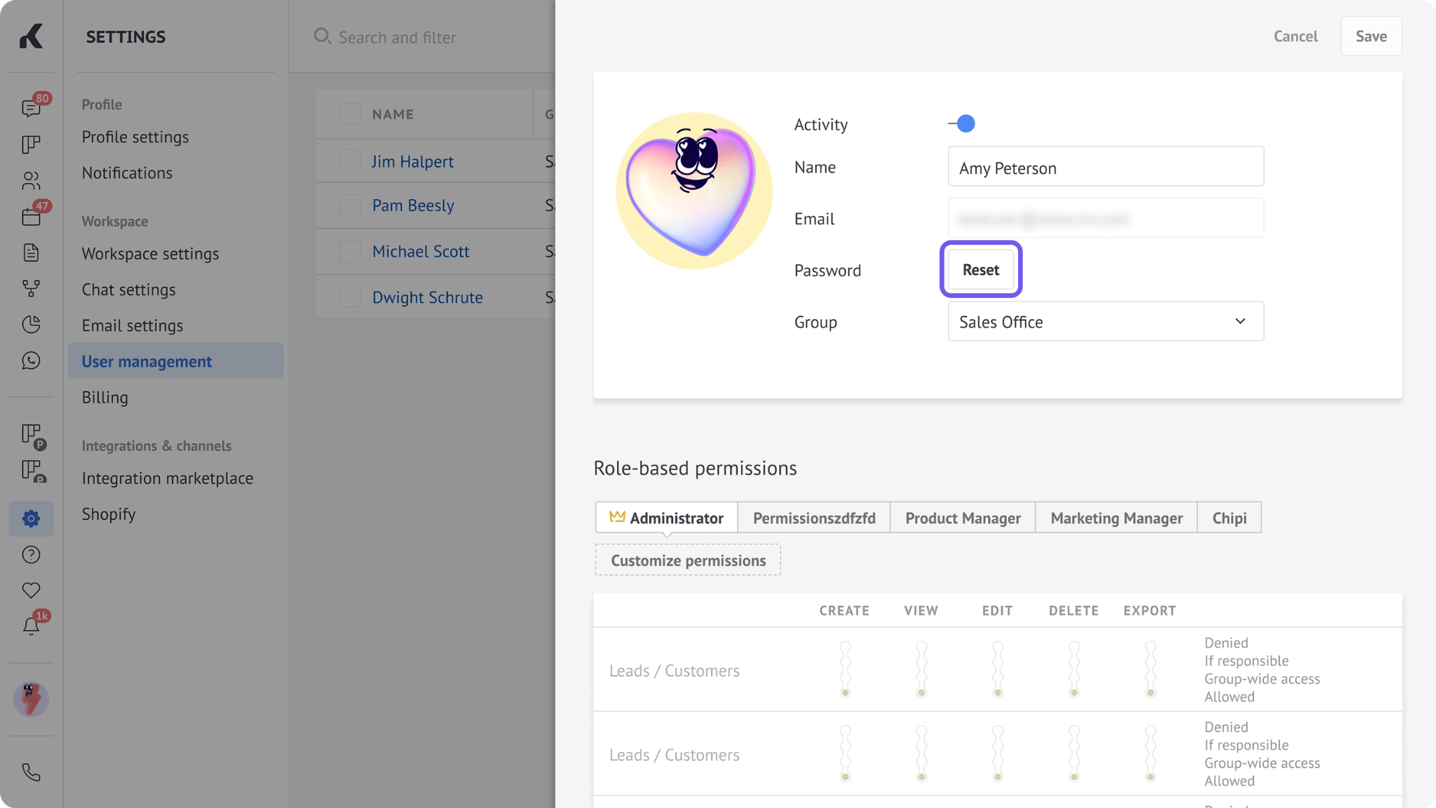 Reset button in a Kommo user’s profile.