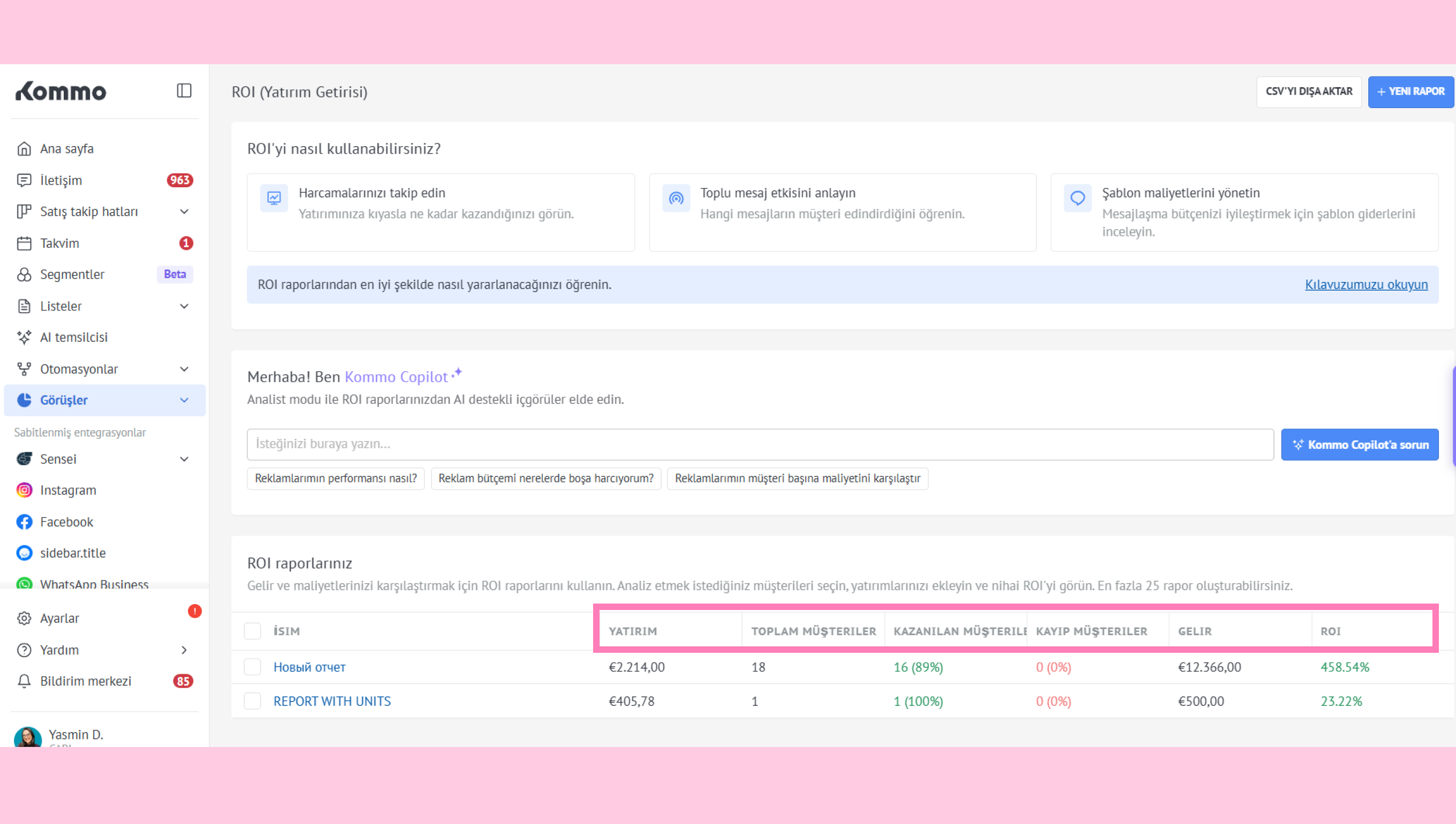 ROI report displaying investment, customer metrics, and performance analysis for marketing efforts.