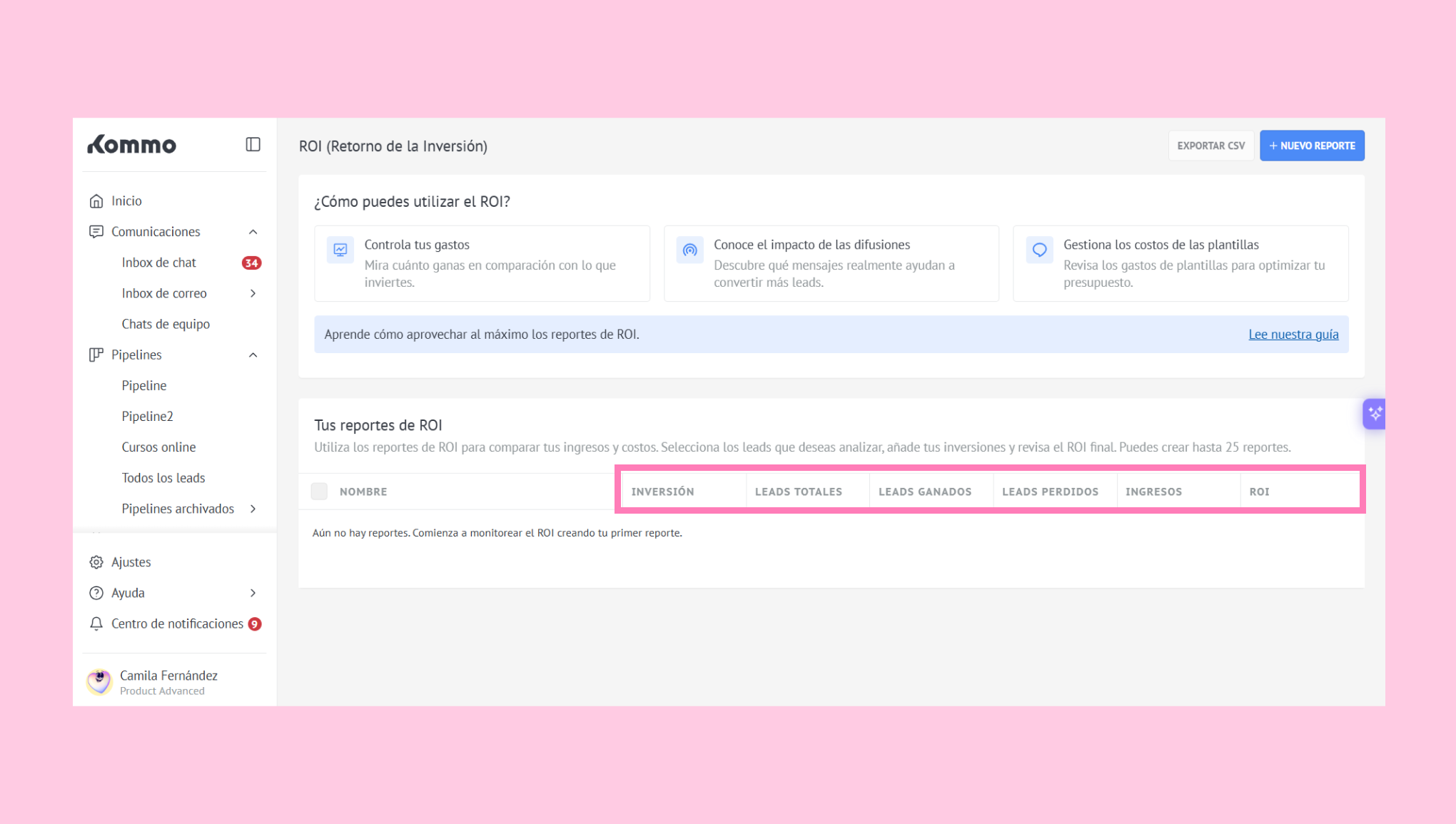Overview of ROI reports with highlighted sections for investment and lead metrics.