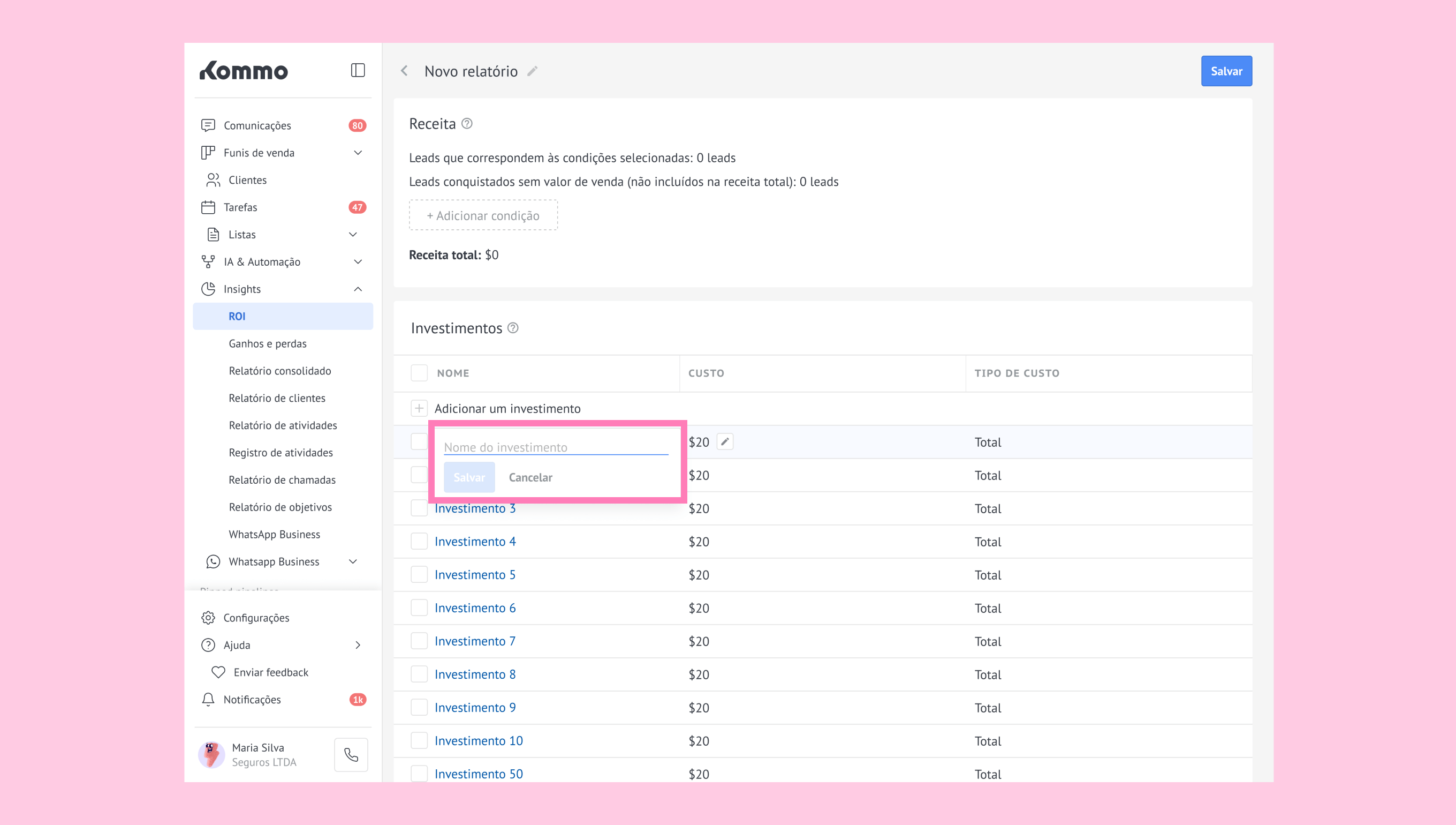Investment section showing fields to add and save investment details in a report.