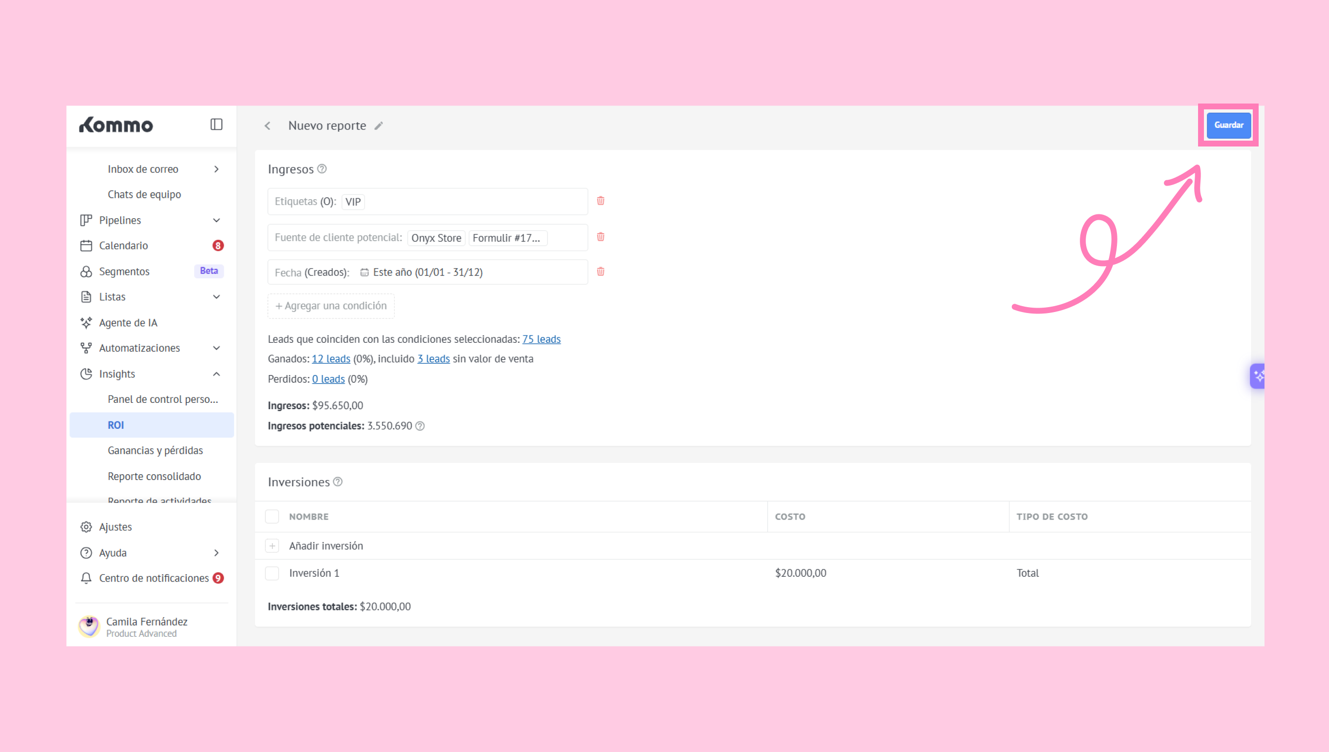 Report interface showing income, investments, and a save button with highlighted elements.