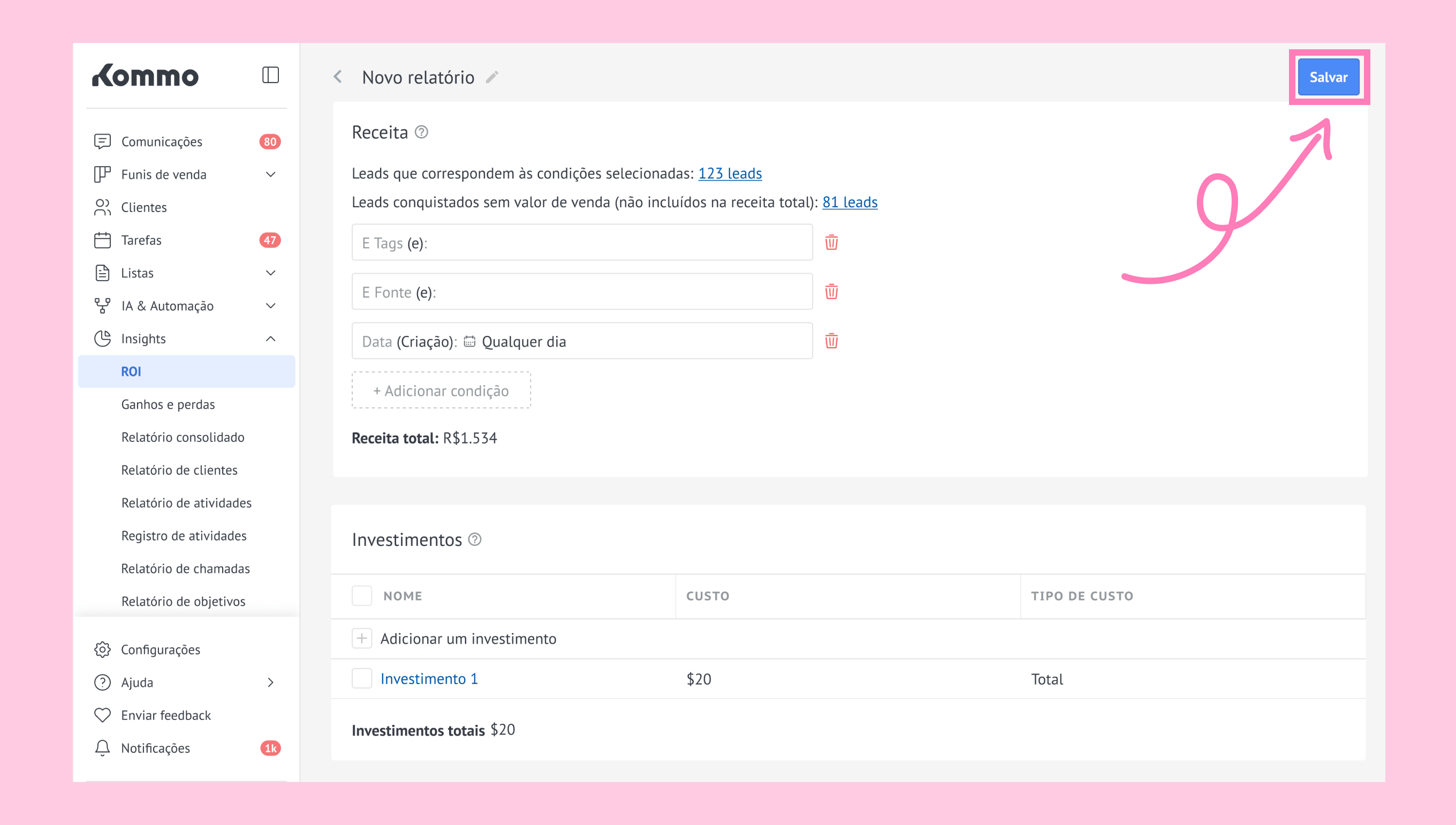 User interface for generating reports with highlighted save button and financial data.
