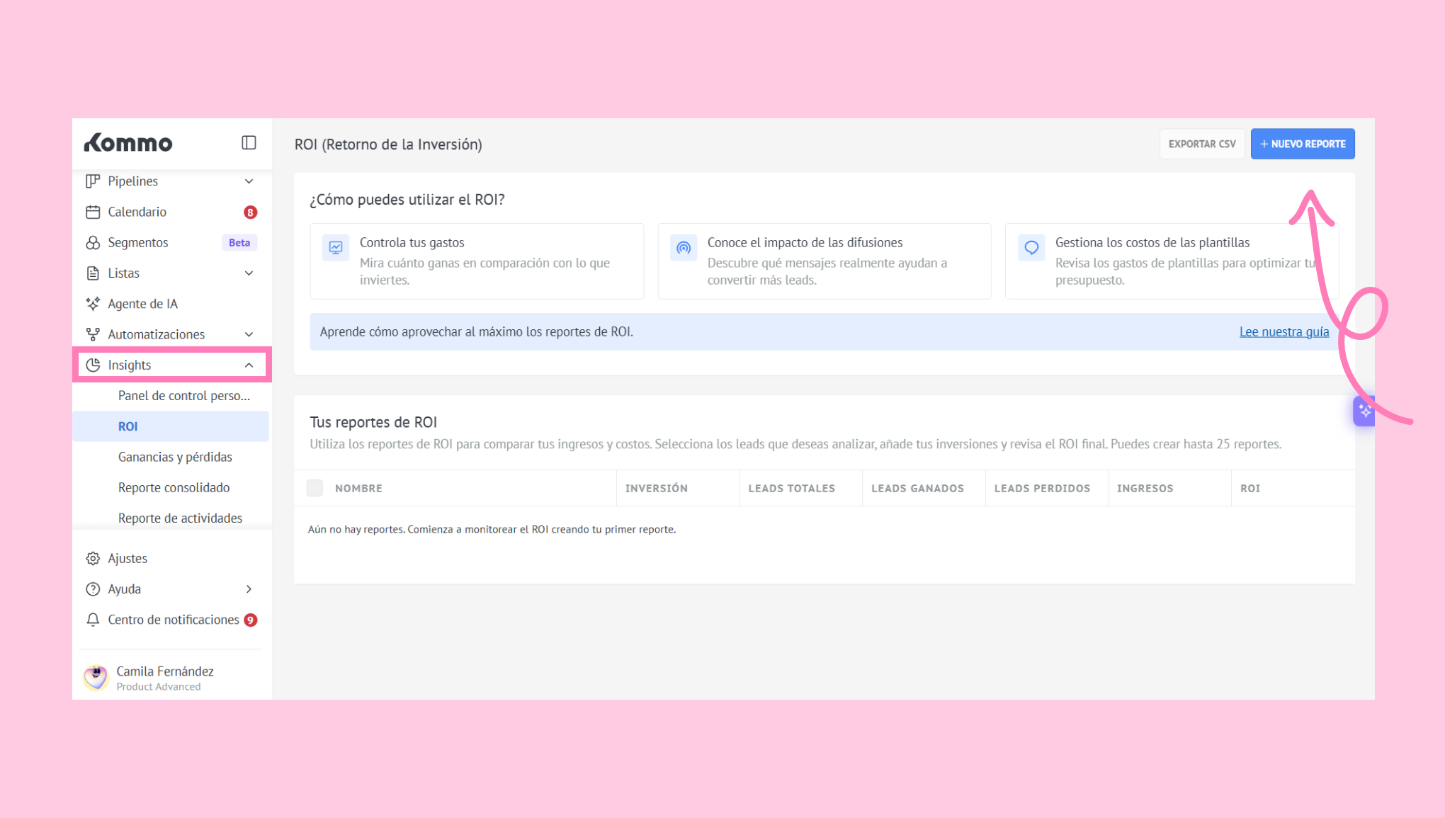 Dashboard displaying ROI reports and options for creating new reports and insights.