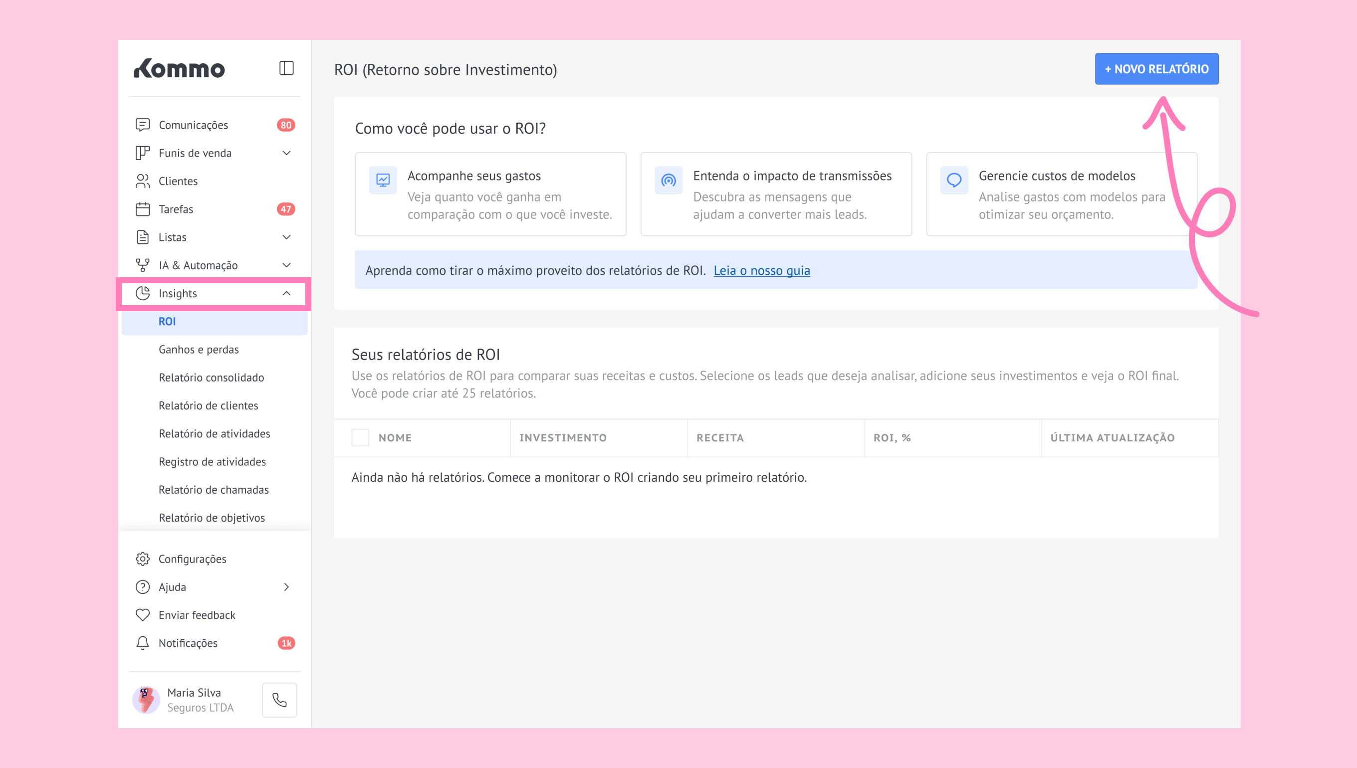 Dashboard displaying ROI insights with options to create new reports and analyze investments.
