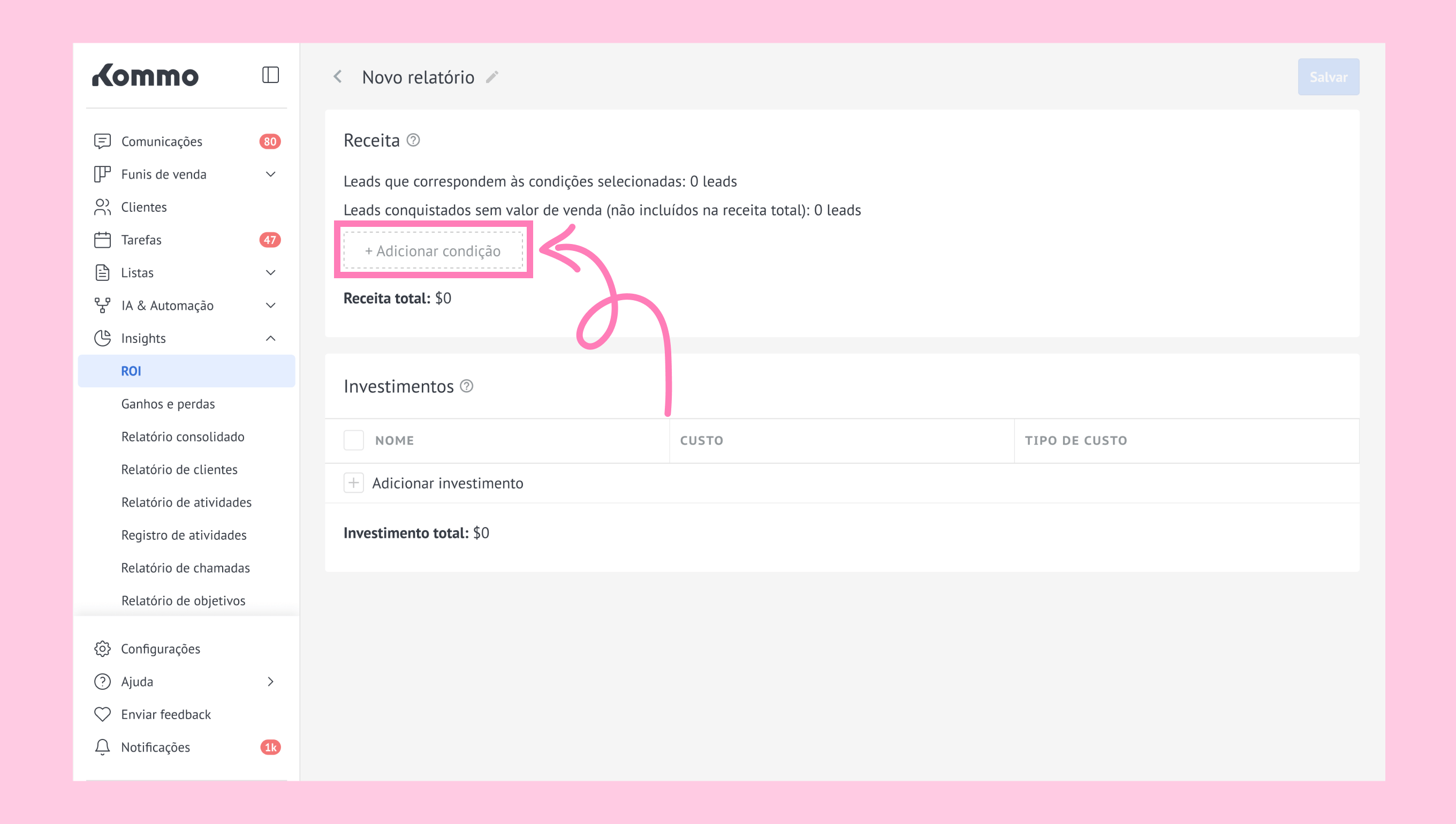 User interface showing report creation with options for revenue and investments.