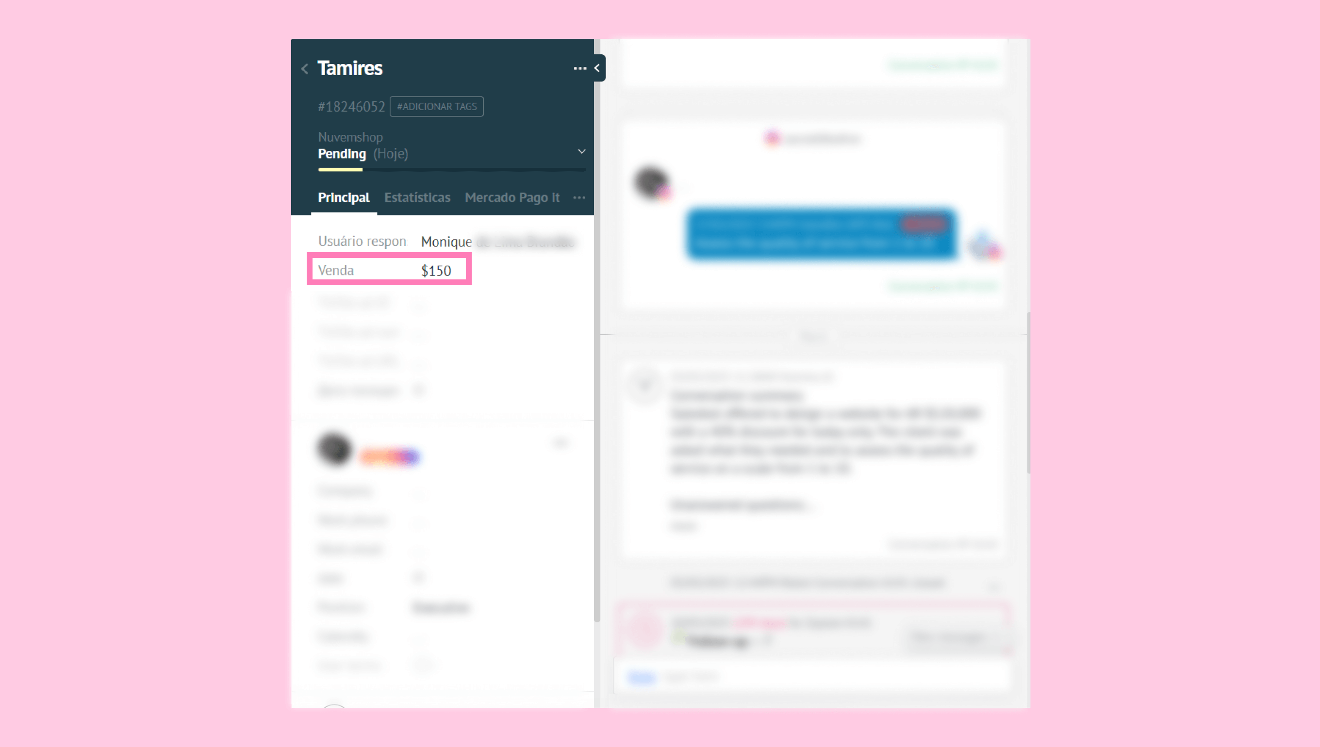 User response shows a sale amount of $150 in a pending transaction.