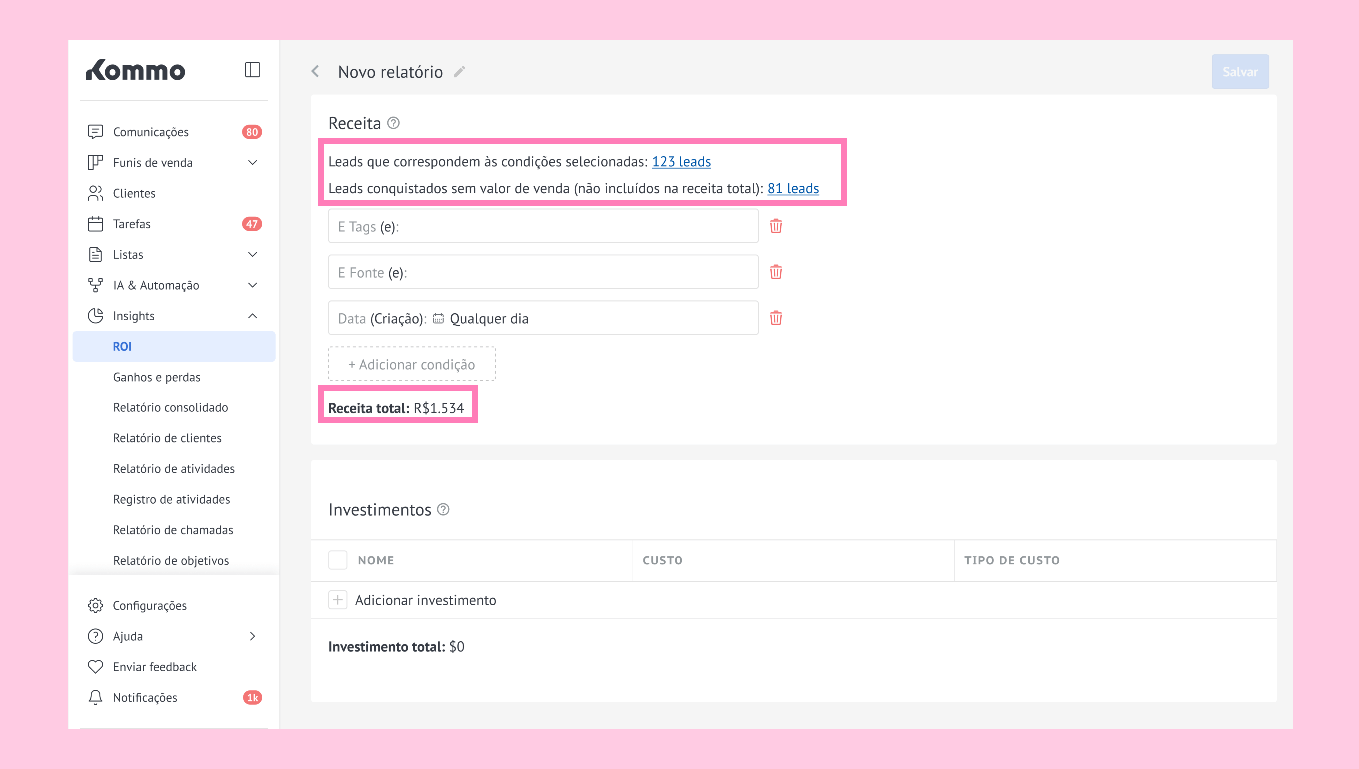 Report showing leads and total revenue with highlighted sections for clarity.