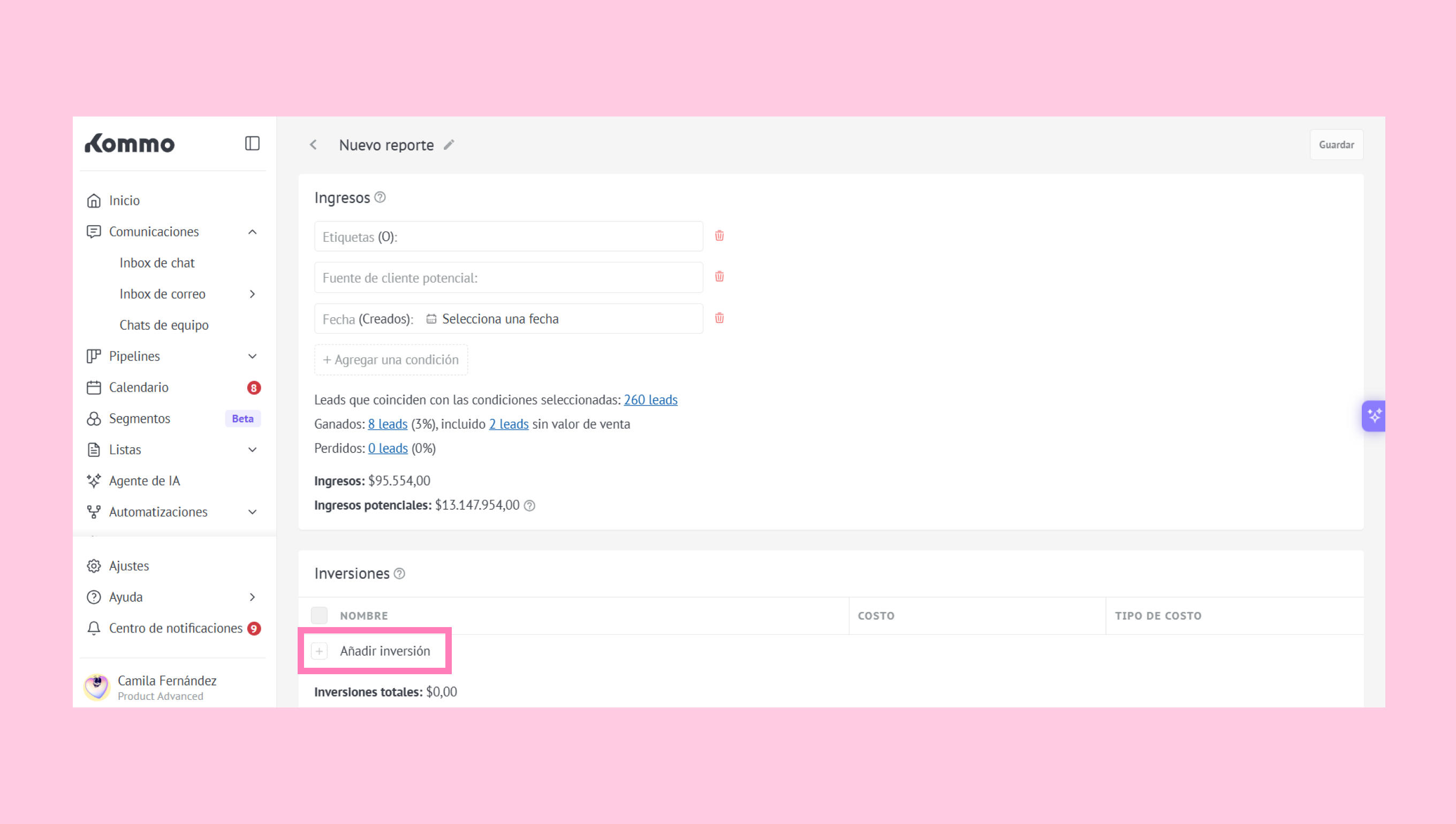 Report interface showing leads, potential income, and an option to add investments.