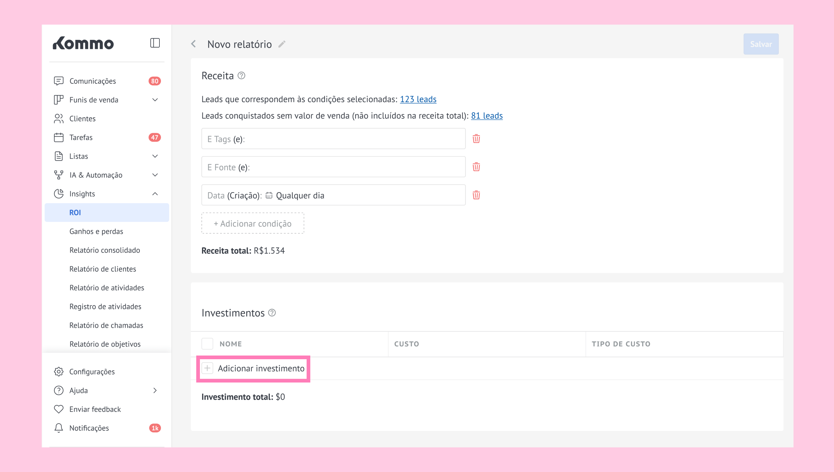 Interface showing report creation with highlighted option to add investment details.