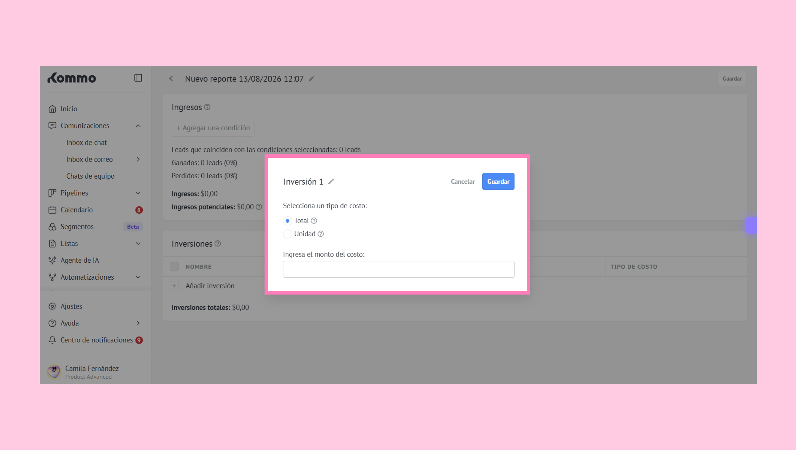 User interface for creating a new report with investment options and cost types.