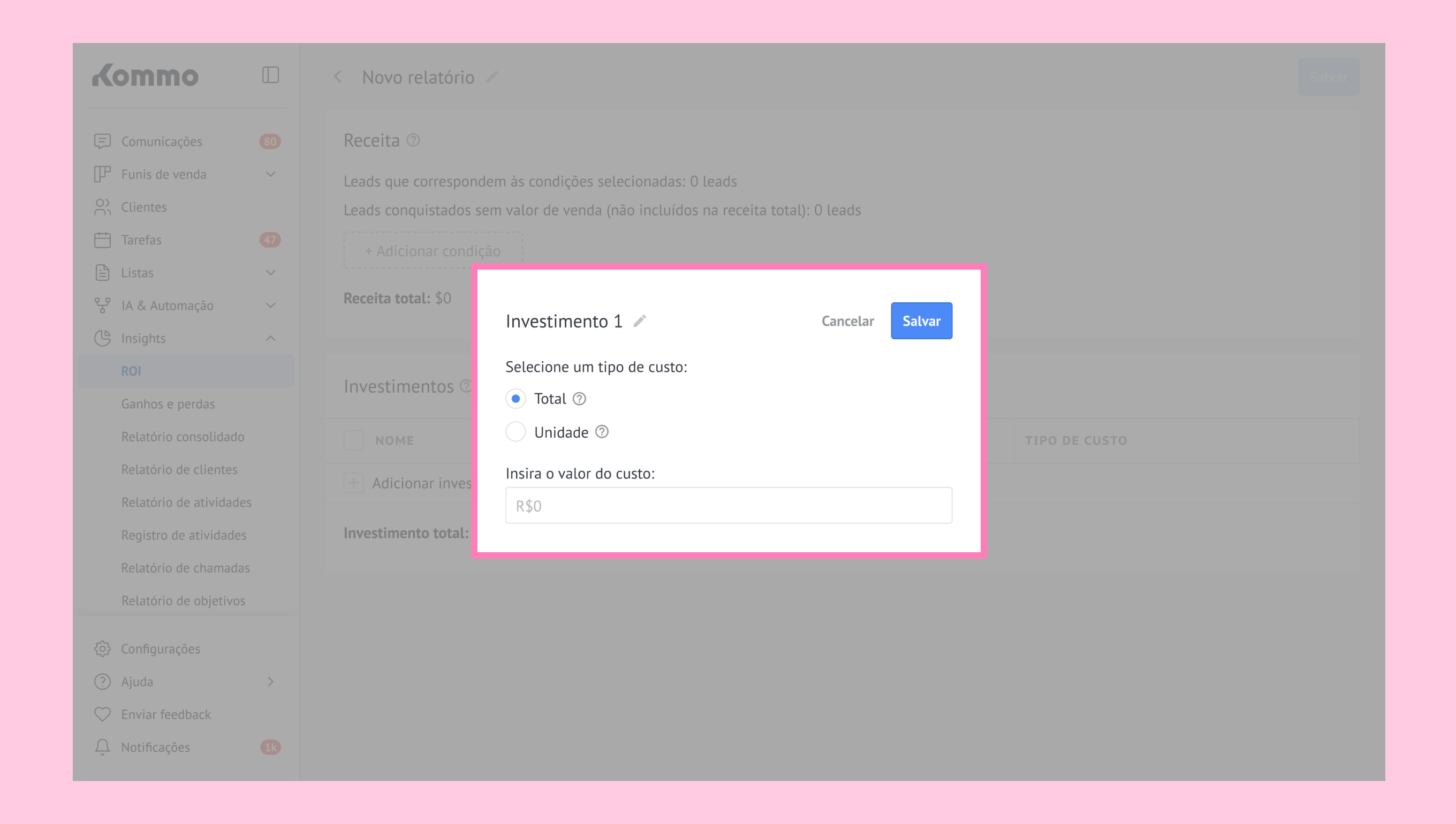 Input fields for investment type and cost in a financial reporting interface.