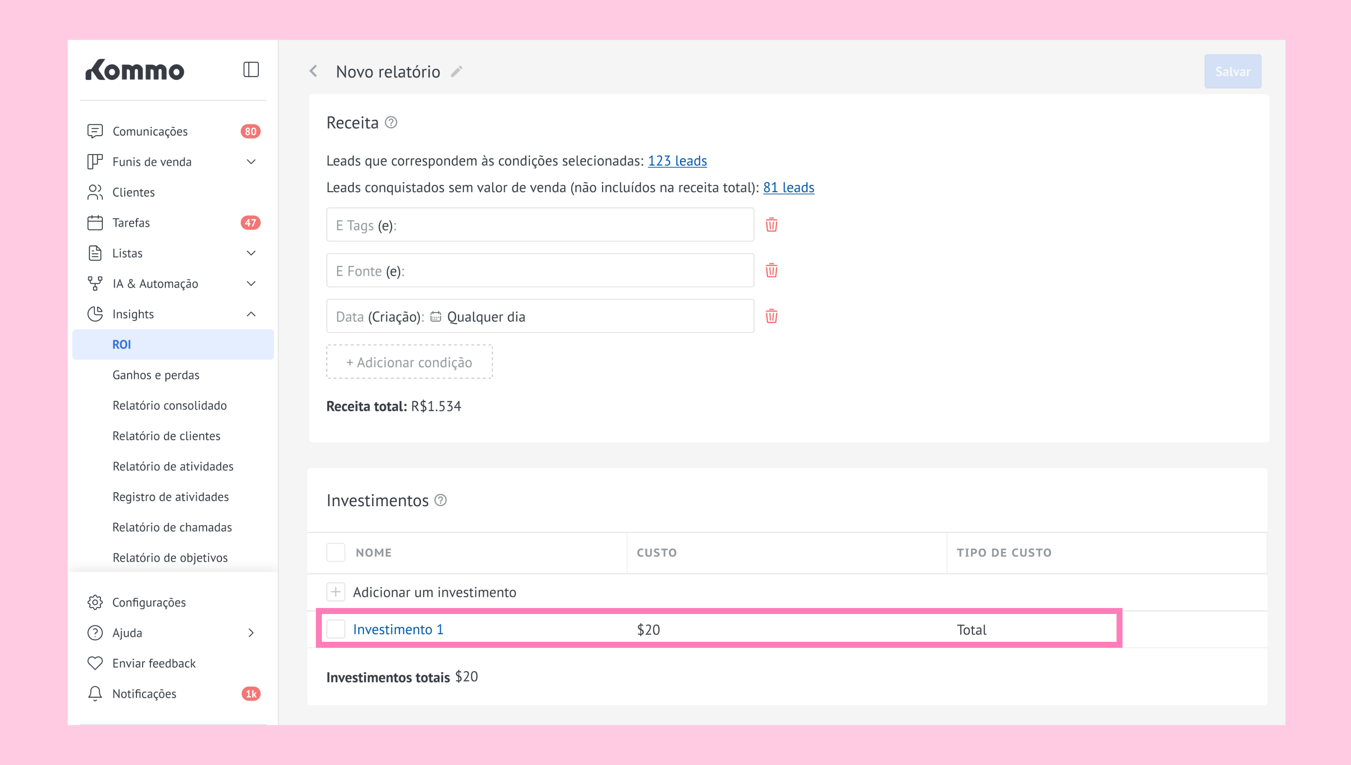 Investment details showing total costs and leads in a financial report interface.