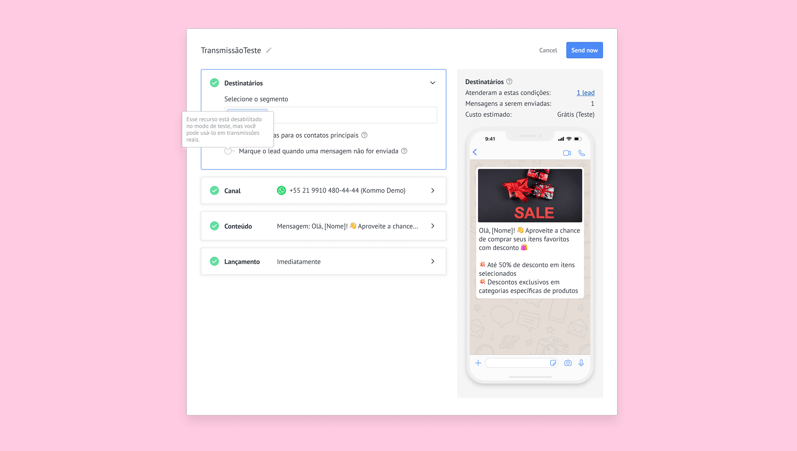 Interface for sending messages with discount offers and recipient details displayed.