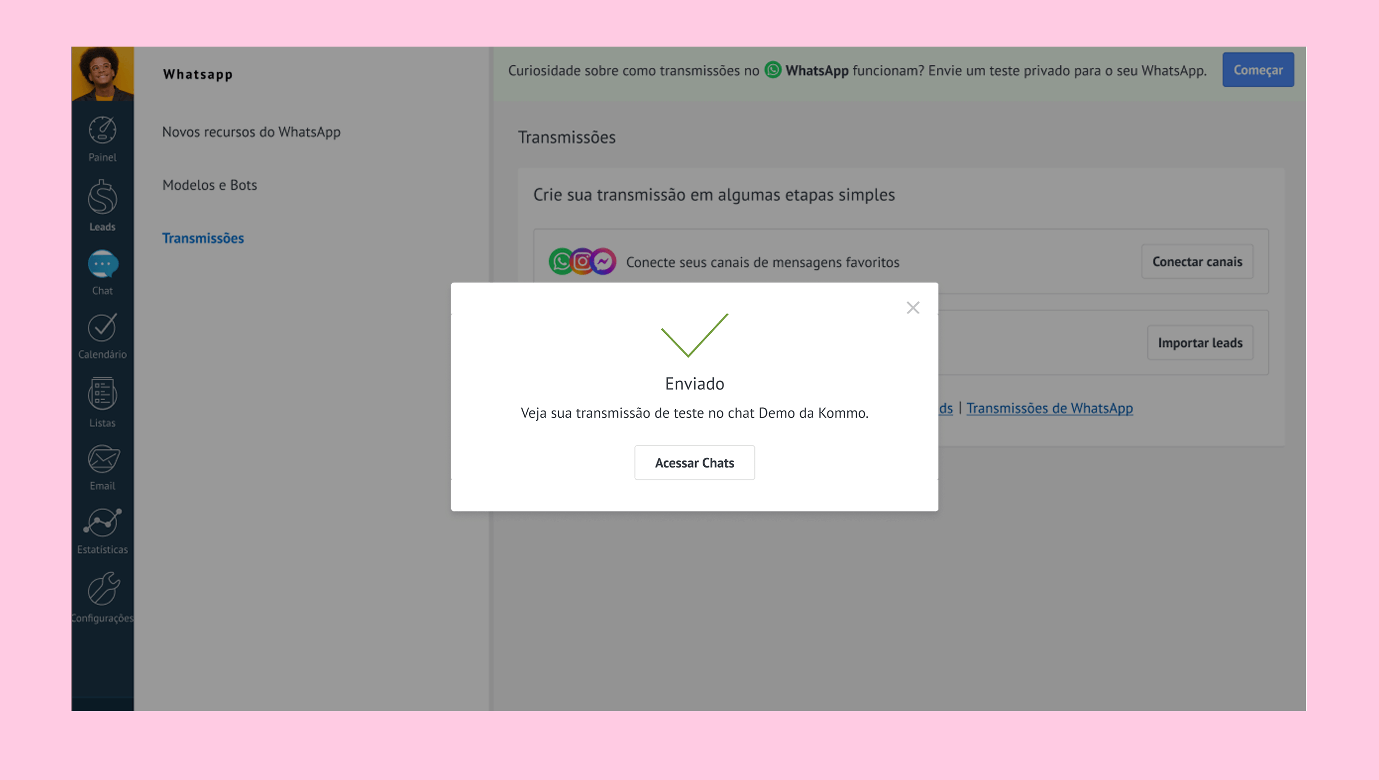 WhatsApp interface showing a message sent confirmation and options for managing transmissions.