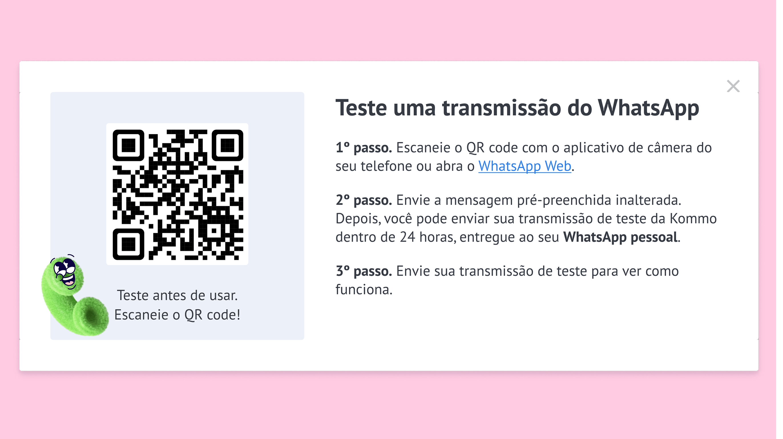 Instructions for testing WhatsApp transmission with a QR code and steps outlined.