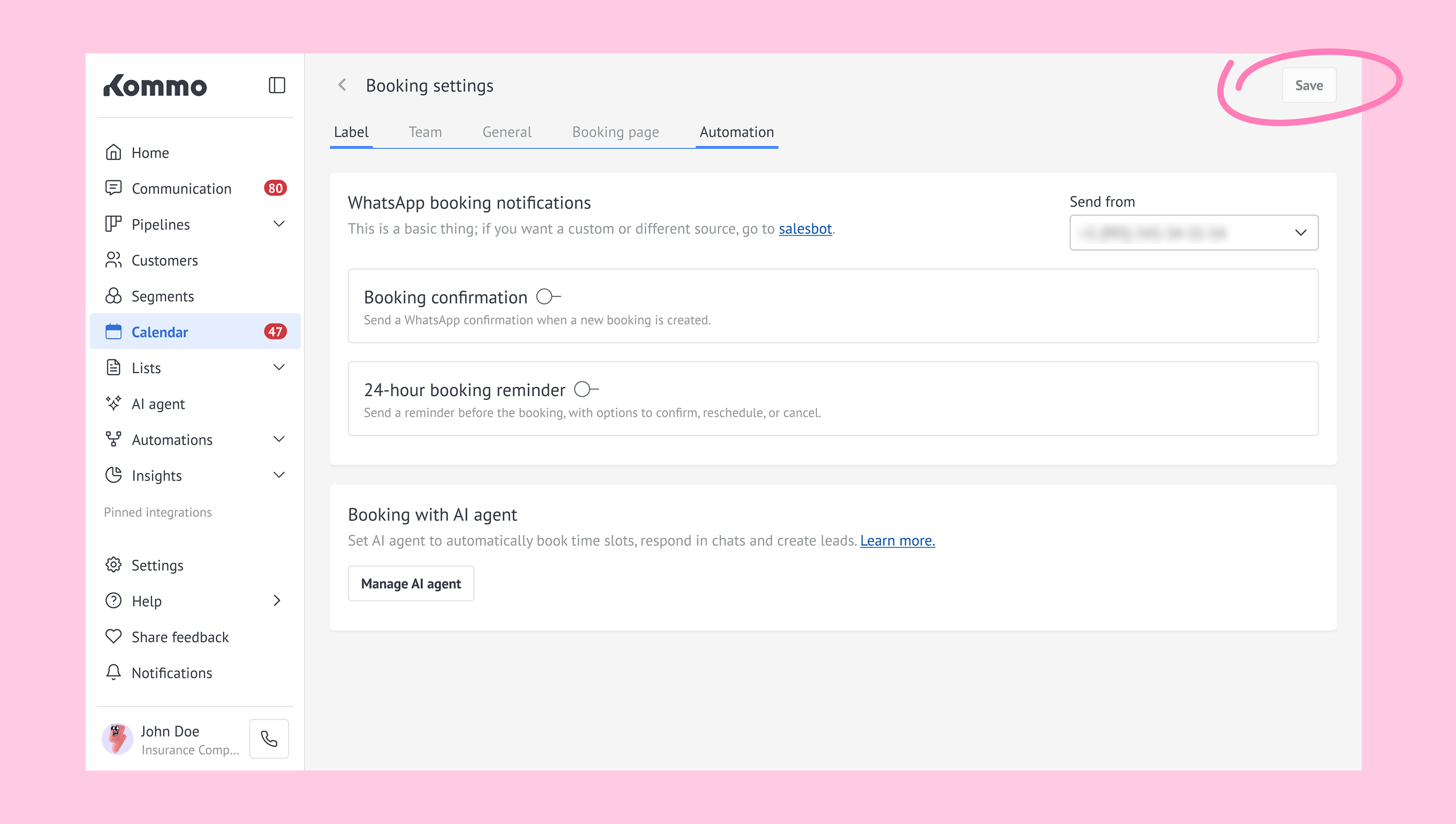 Settings page for booking notifications with options for confirmation and reminders.