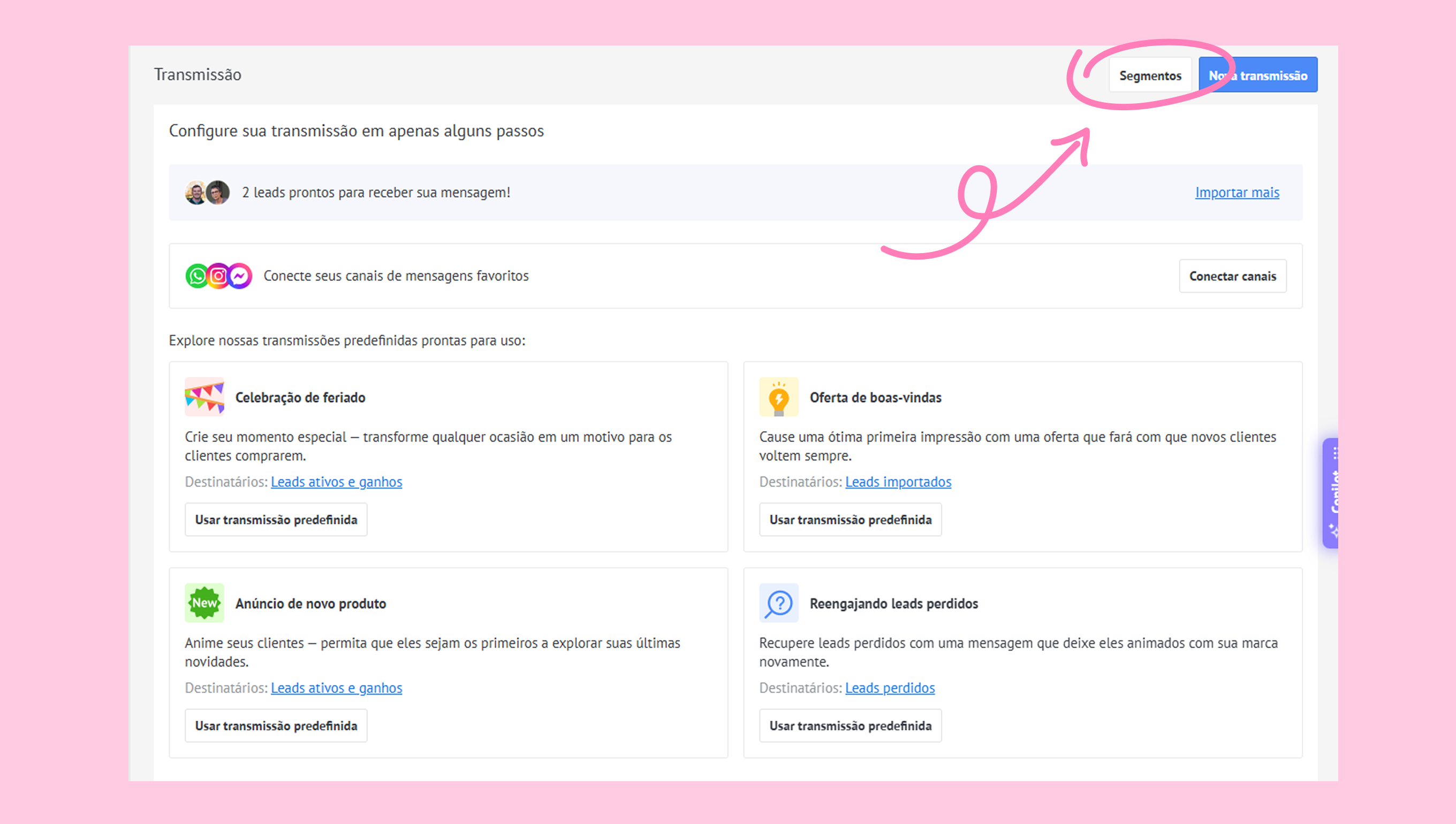 Settings page for message transmission with highlighted segments option and predefined templates.