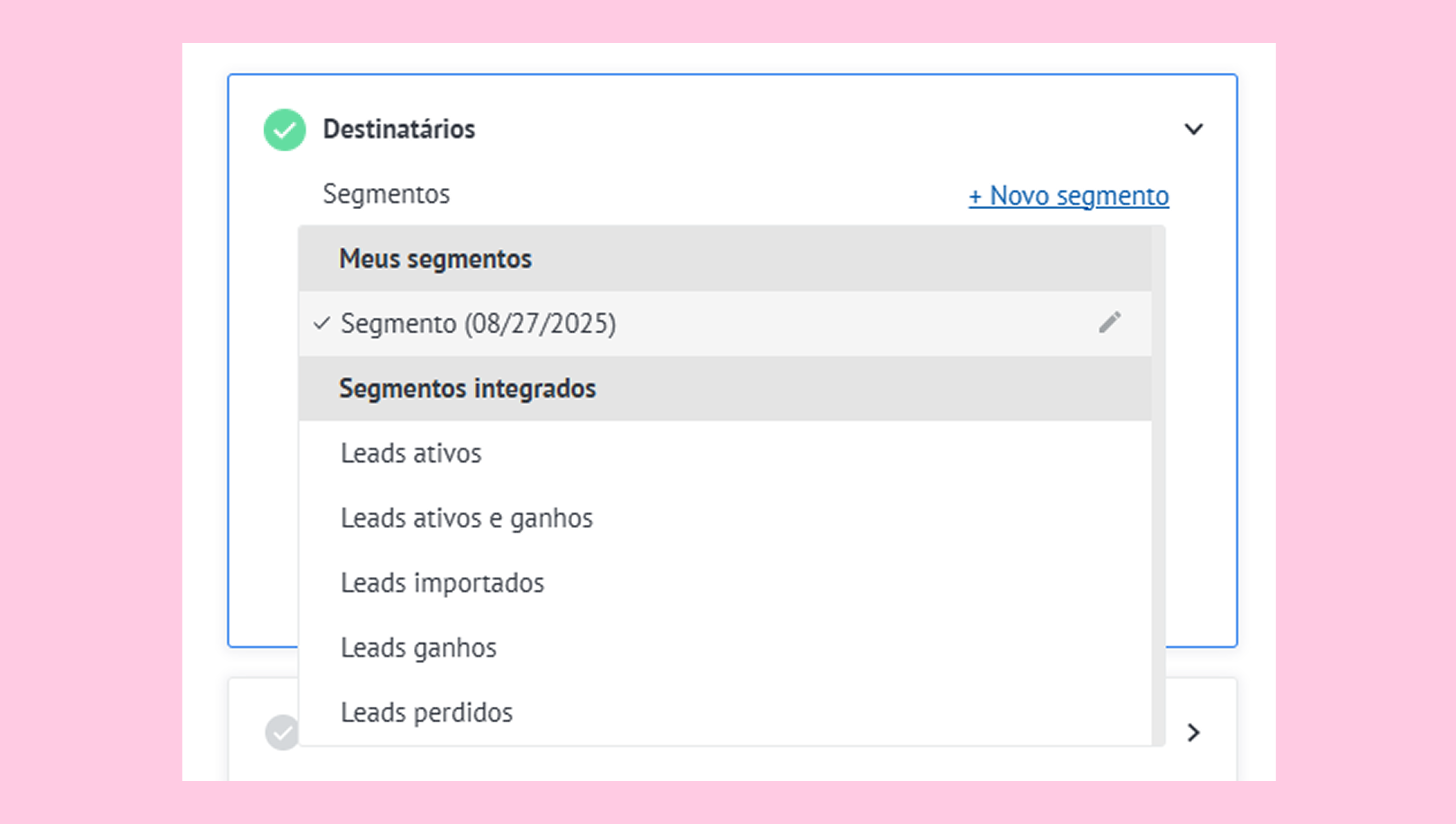 User interface displaying segments and integrated leads for marketing purposes.