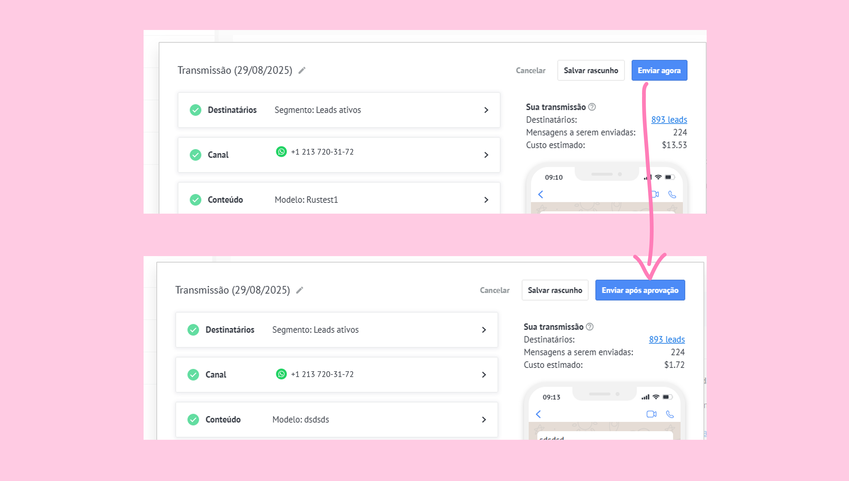 Overview of message transmission details with highlighted send options and estimated costs.