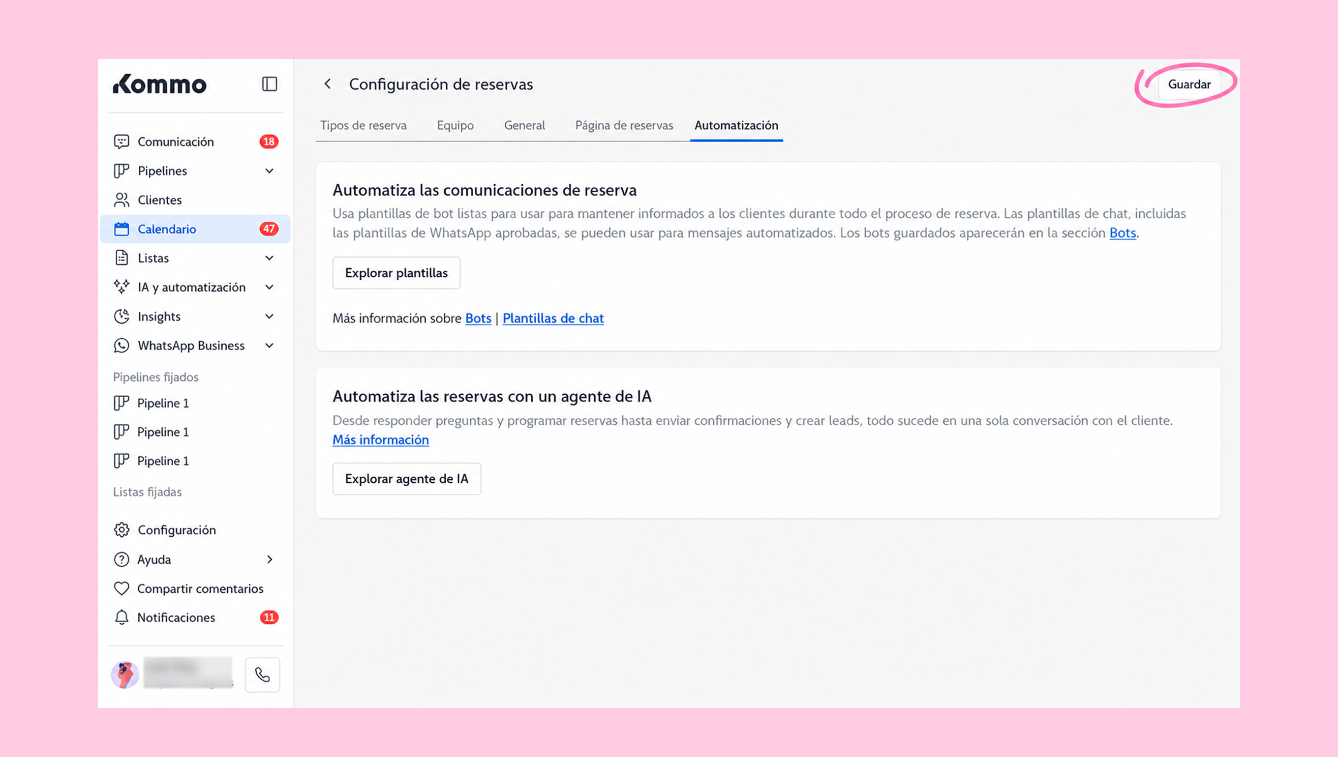 Settings page for reservation automation with highlighted save button and options.
