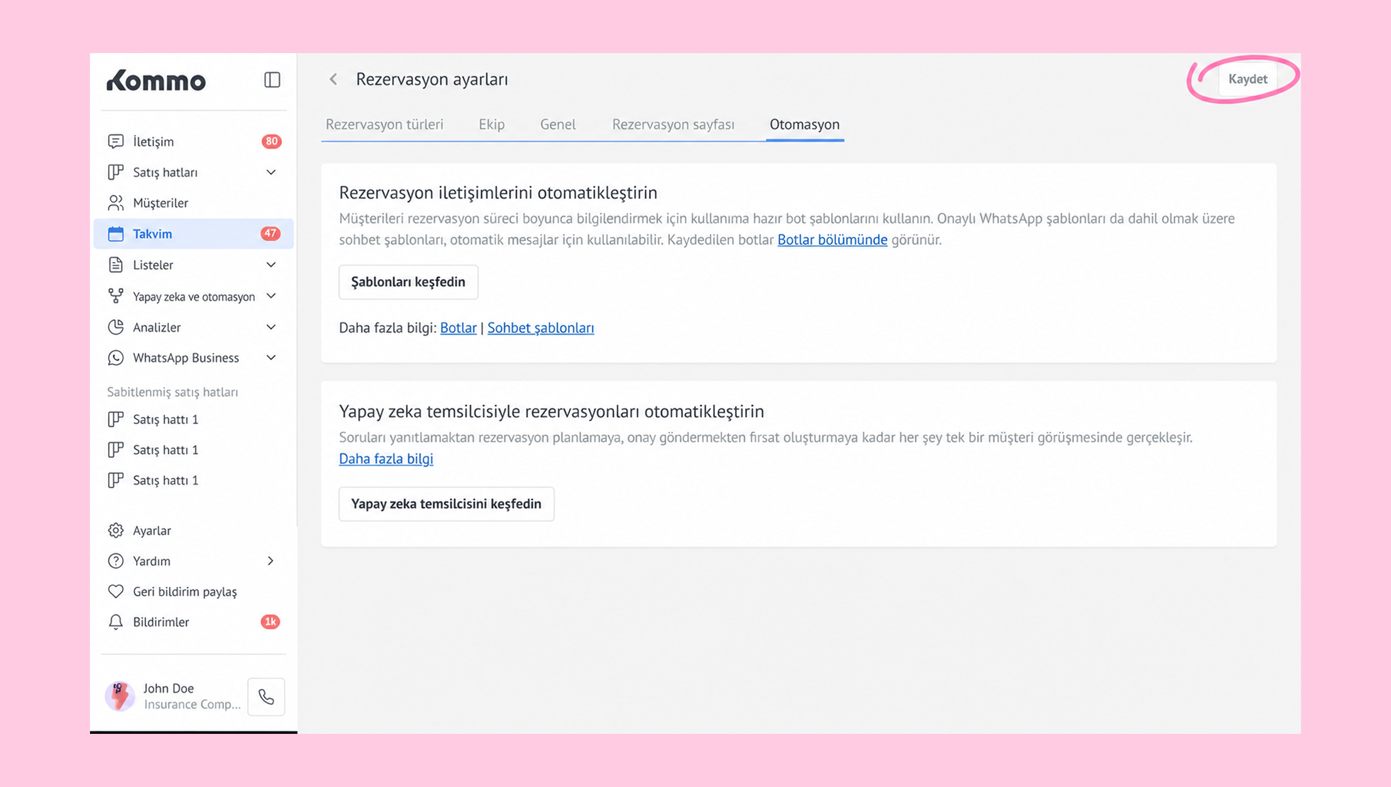 Settings page for automated reservation communications and options in Kommo application.