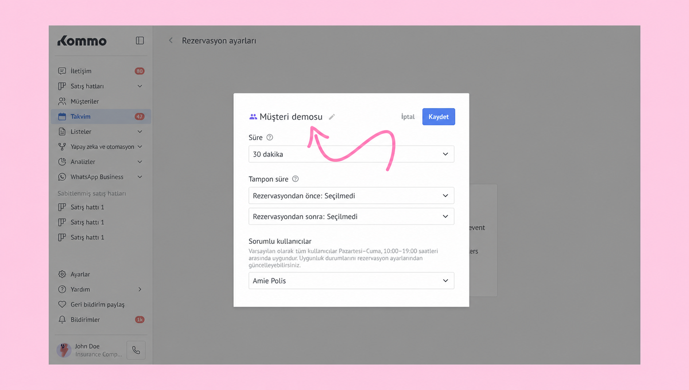 Settings menu for reservations with highlighted customer demo and time options.